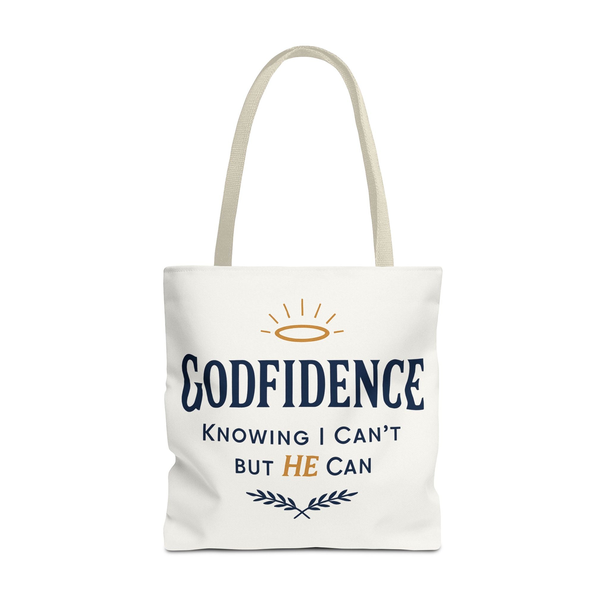 "Godfidence" Canvas Tote Bag – "Knowing I Can’t but HE Can" Christian Faith Tote