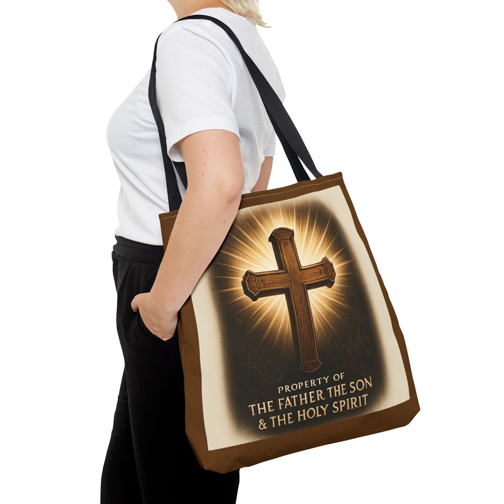 Christian Cross Tote Bag – "Property of The Father The Son & The Holy Spirit" Religious Carryall
