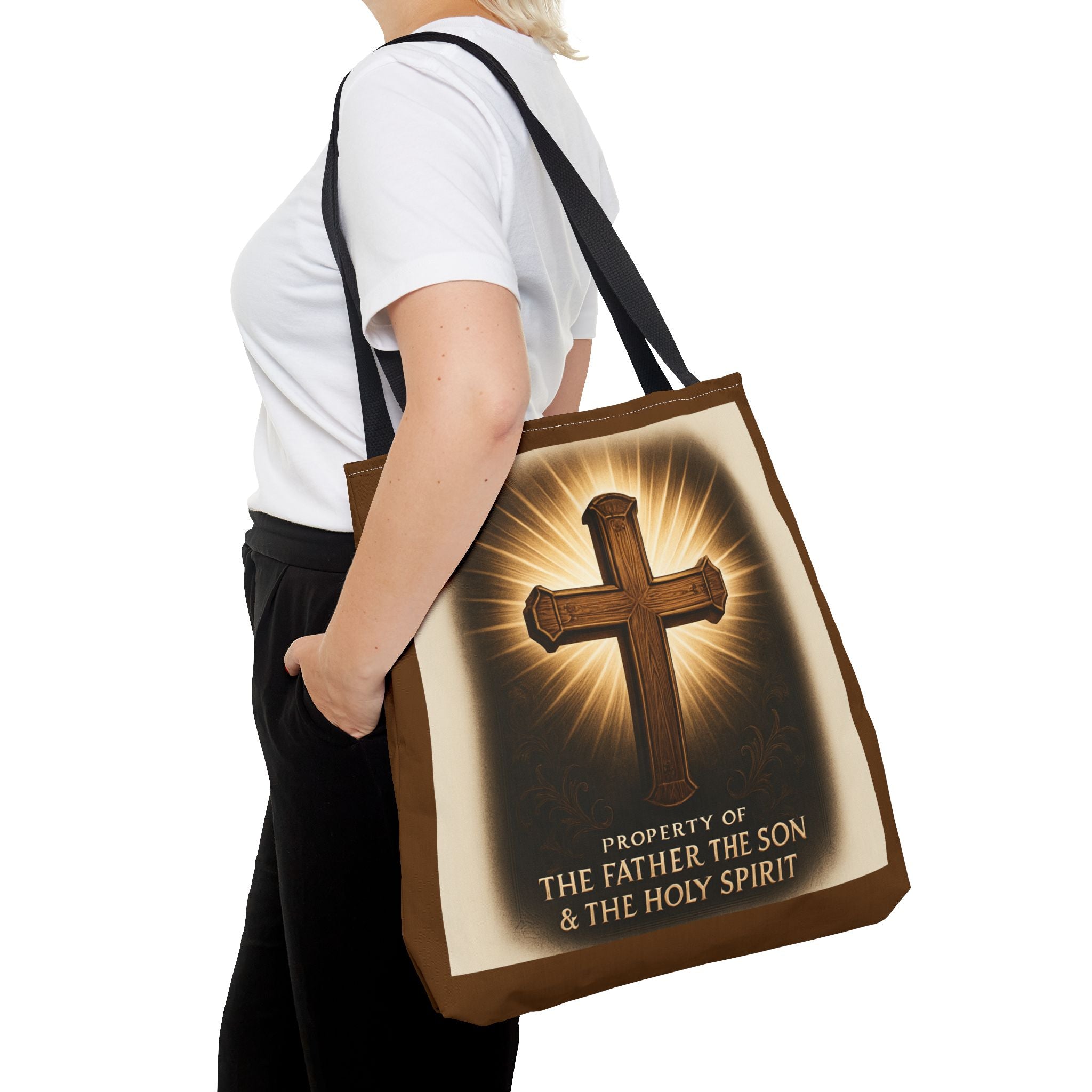 Christian Cross Tote Bag – "Property of The Father The Son & The Holy Spirit" Religious Carryall