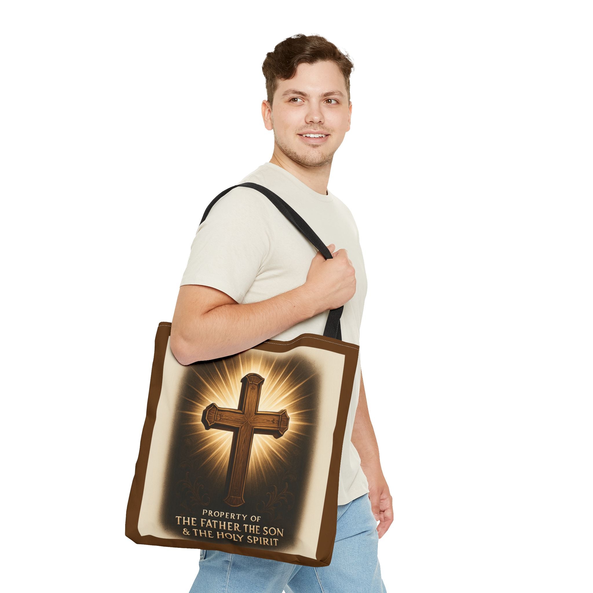 Christian Cross Tote Bag – "Property of The Father The Son & The Holy Spirit" Religious Carryall