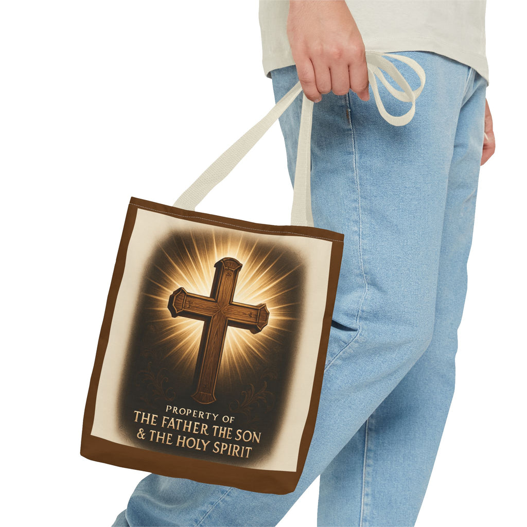 Christian Cross Tote Bag – "Property of The Father The Son & The Holy Spirit" Religious Carryall