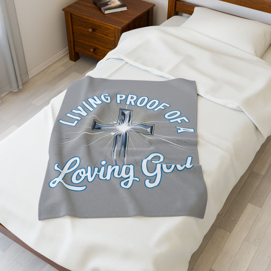 Gray Velveteen Plush Blanket — "Living Proof of a Loving God" Cross Throw