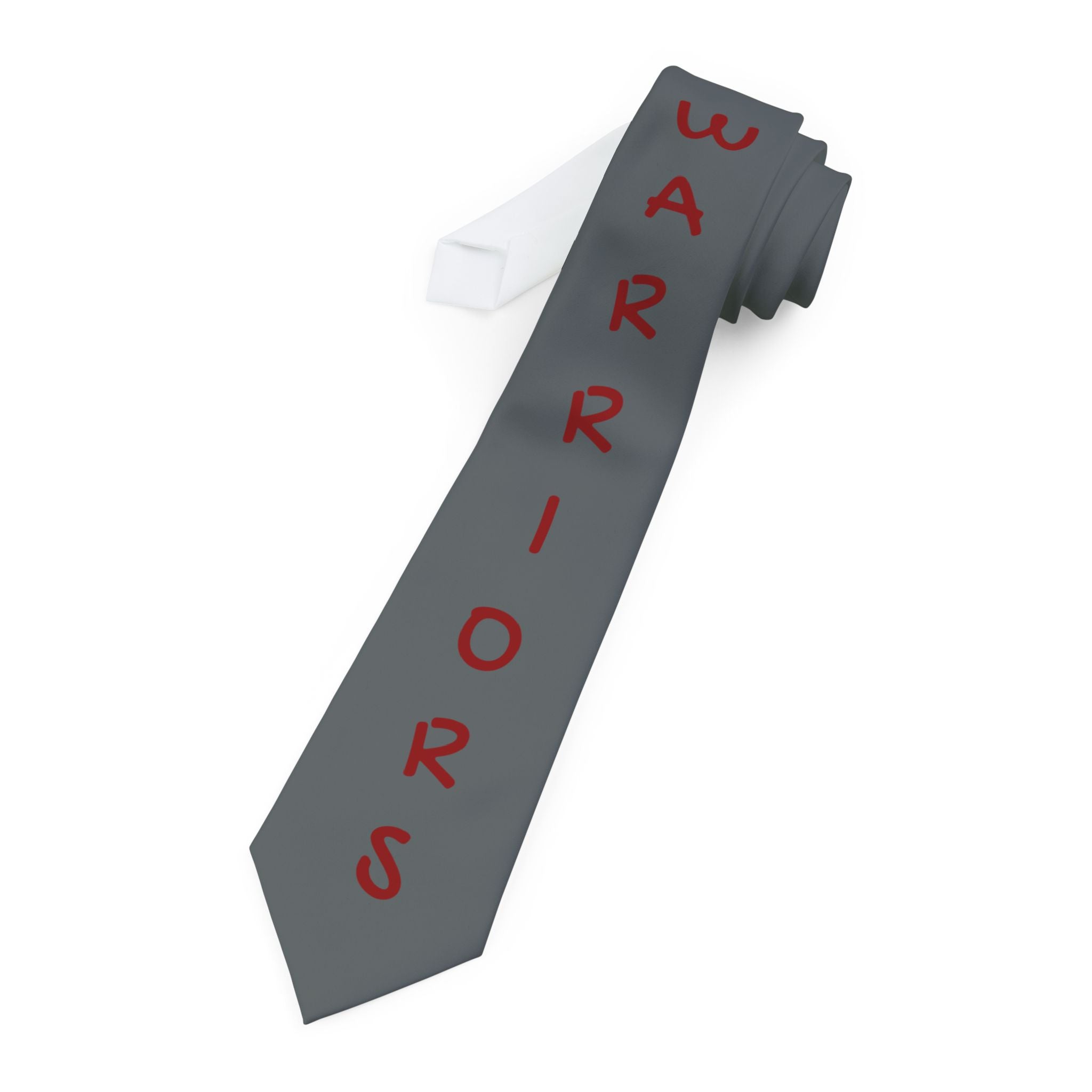 Warriors Grey Necktie — Vertical Red Text 'WARRIORS' Modern Athletic Tie