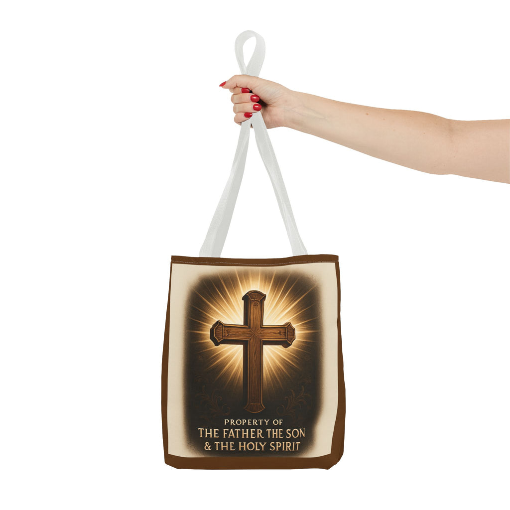 Christian Cross Tote Bag – "Property of The Father The Son & The Holy Spirit" Religious Carryall