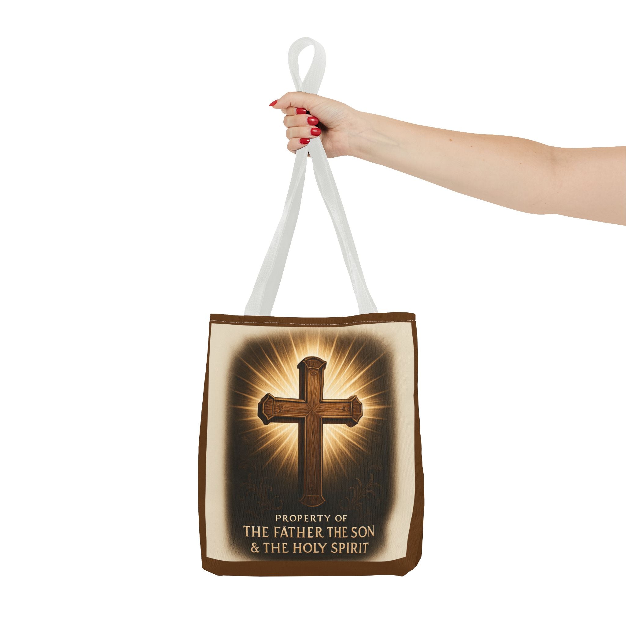 Christian Cross Tote Bag – "Property of The Father The Son & The Holy Spirit" Religious Carryall