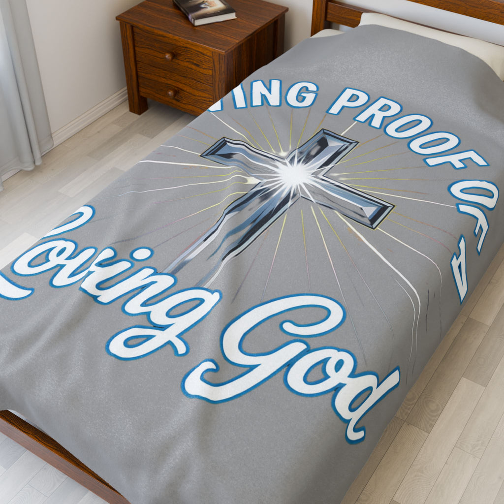 Gray Velveteen Plush Blanket — "Living Proof of a Loving God" Cross Throw