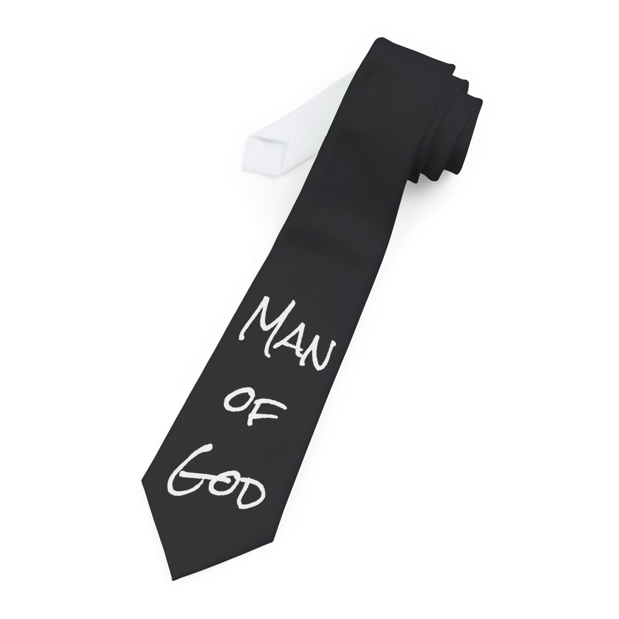Necktie — Black “Man of God” Script Tie | Faith-Inspired Formal Wear for Church, Gifts & Special Occasions