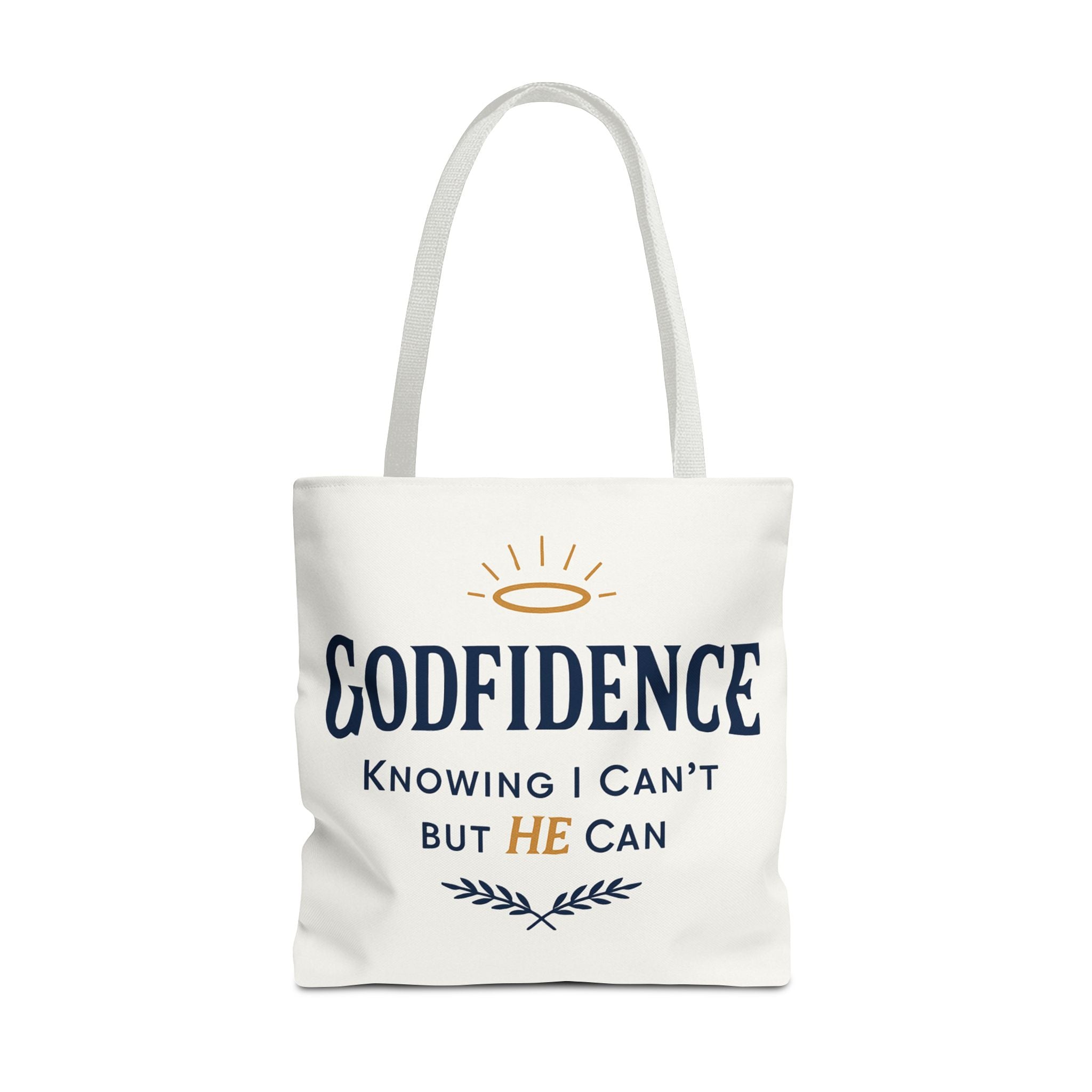 "Godfidence" Canvas Tote Bag – "Knowing I Can’t but HE Can" Christian Faith Tote