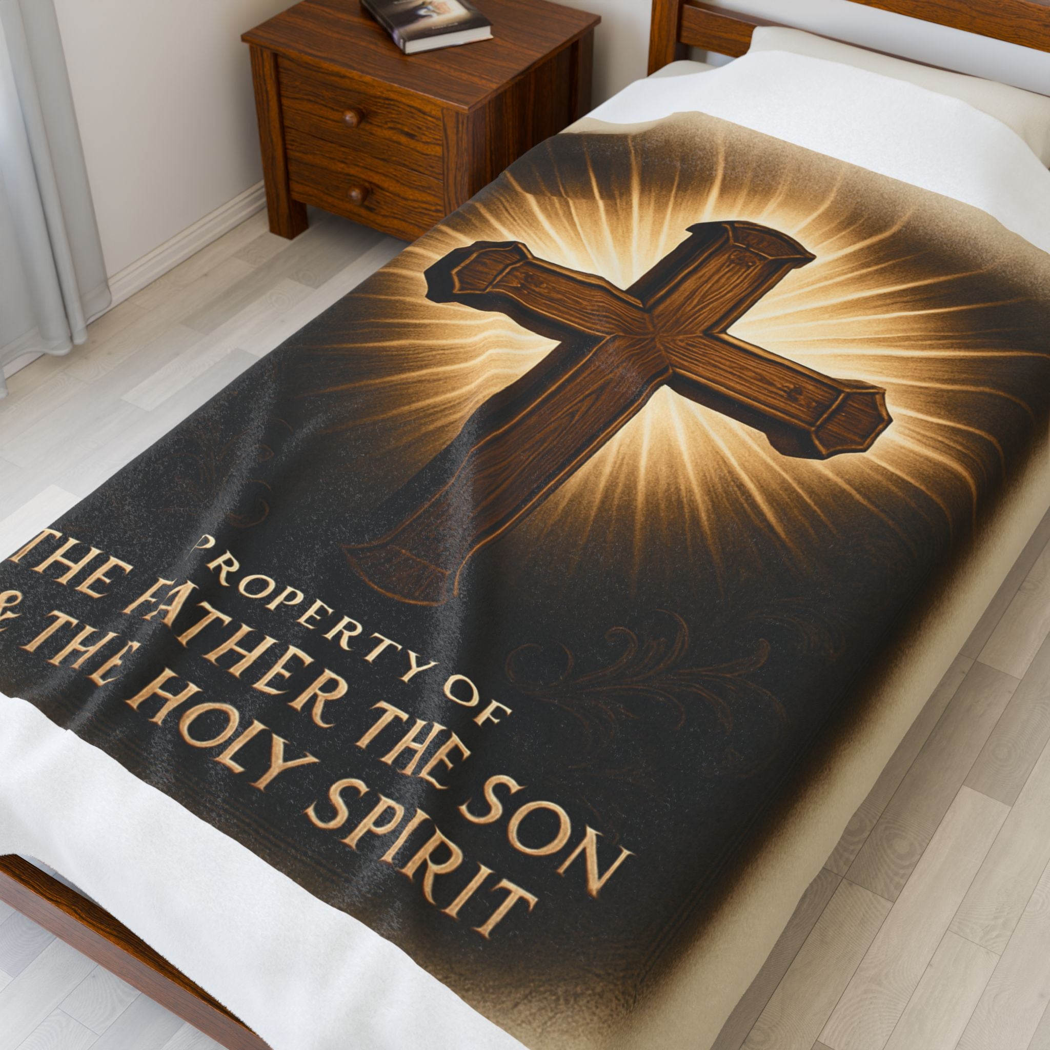 Christian Plush Blanket – ‘Property of The Father, The Son & The Holy Spirit’ Cozy Throw