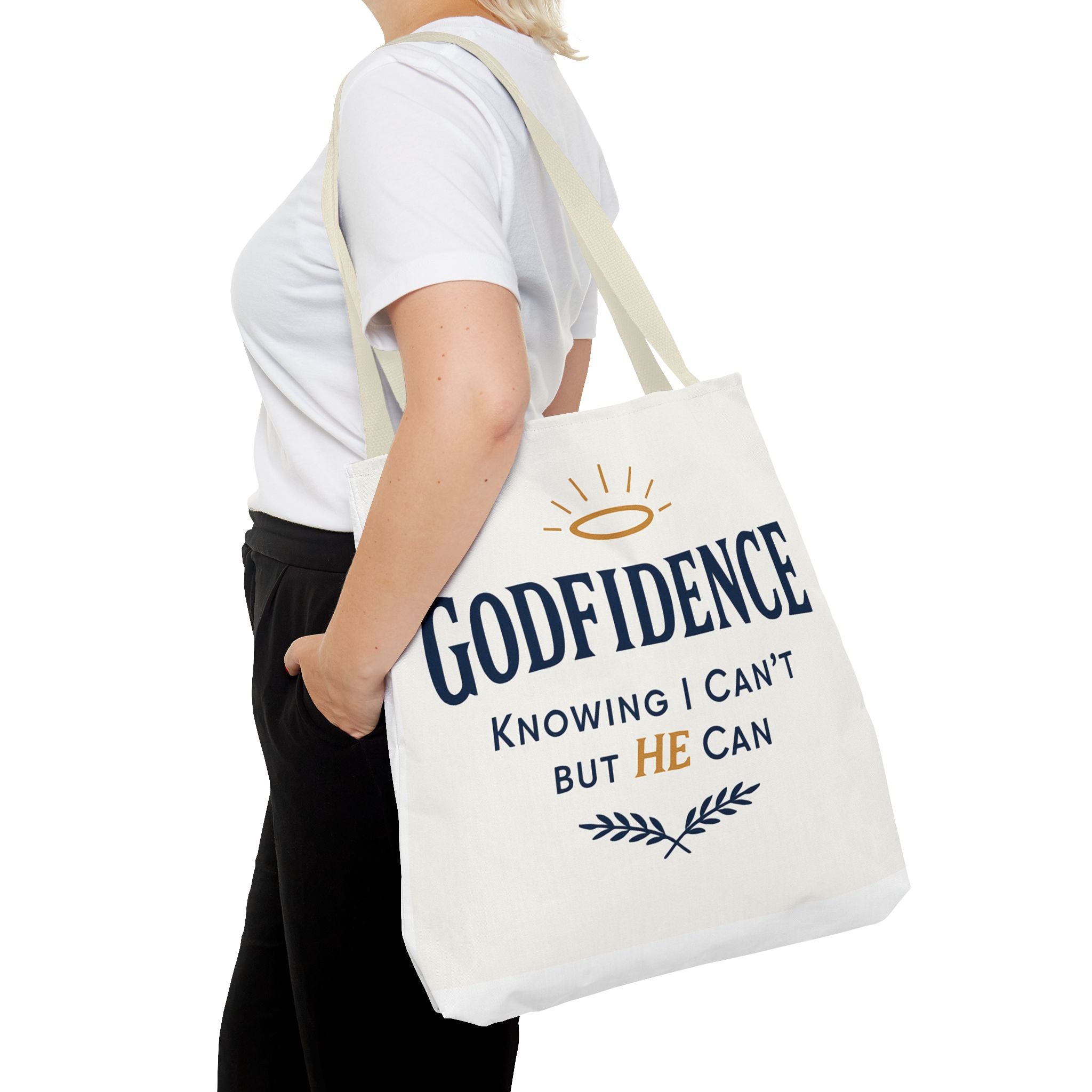 "Godfidence" Canvas Tote Bag – "Knowing I Can’t but HE Can" Christian Faith Tote