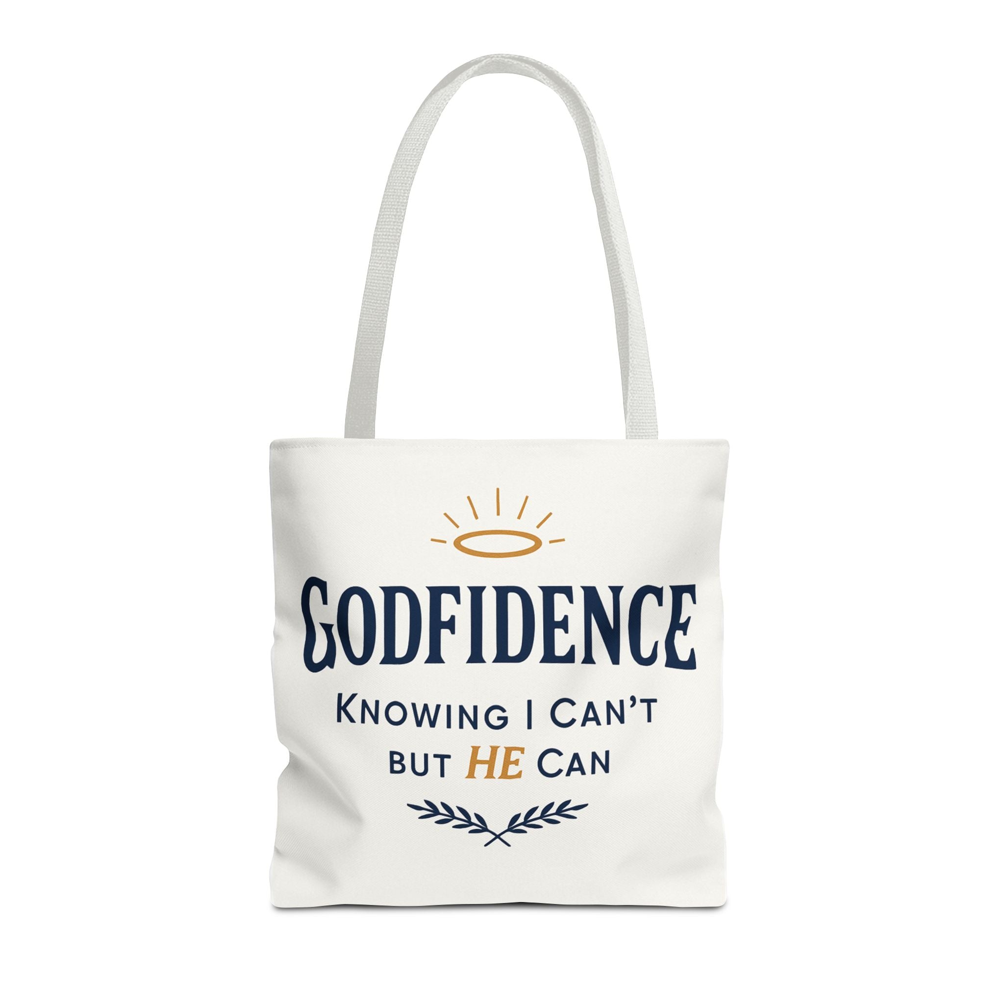 "Godfidence" Canvas Tote Bag – "Knowing I Can’t but HE Can" Christian Faith Tote
