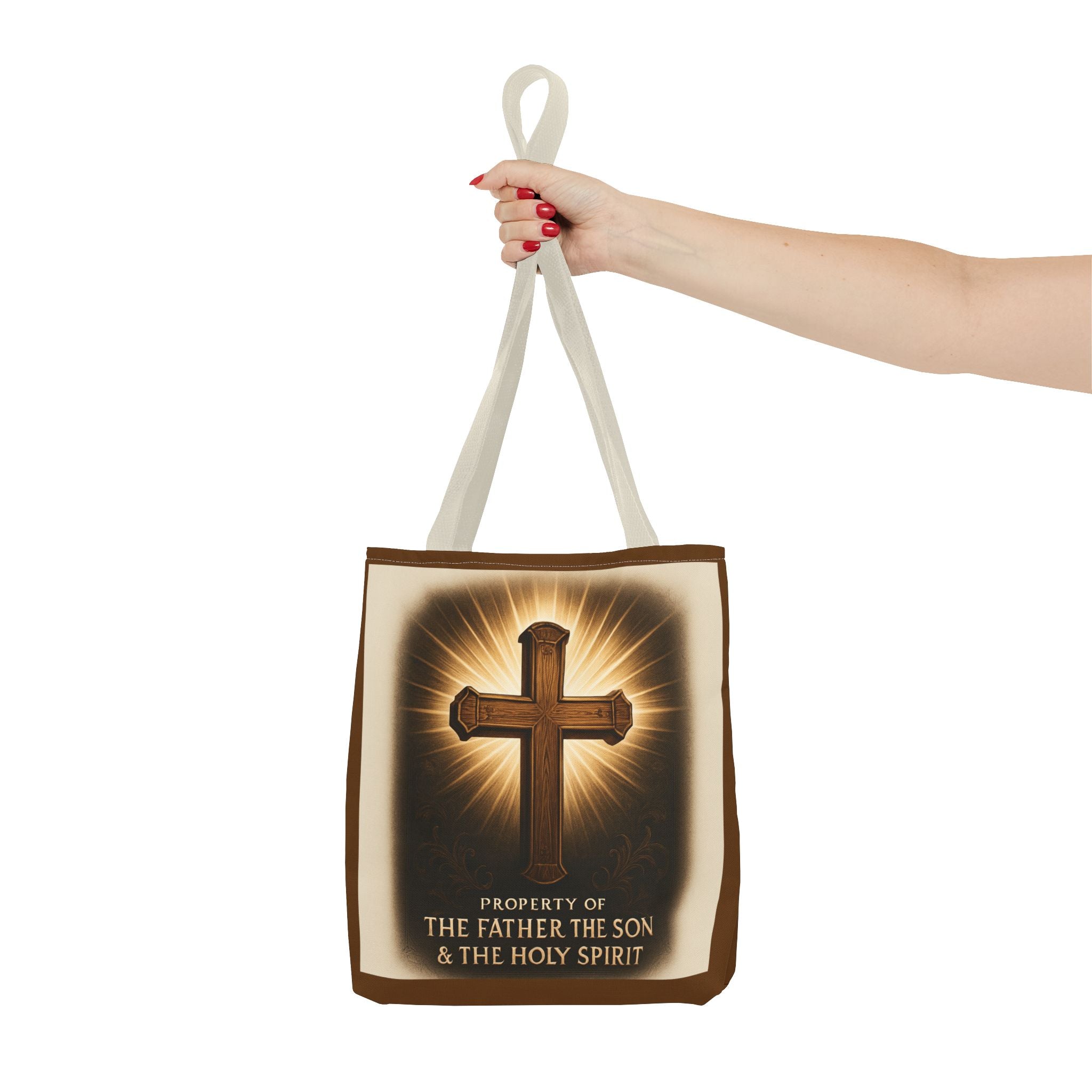 Christian Cross Tote Bag – "Property of The Father The Son & The Holy Spirit" Religious Carryall