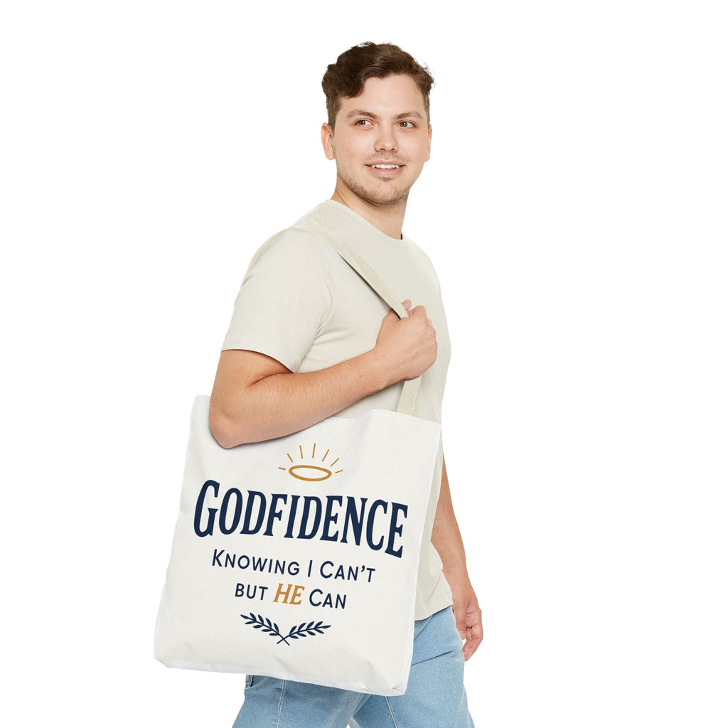"Godfidence" Canvas Tote Bag – "Knowing I Can’t but HE Can" Christian Faith Tote