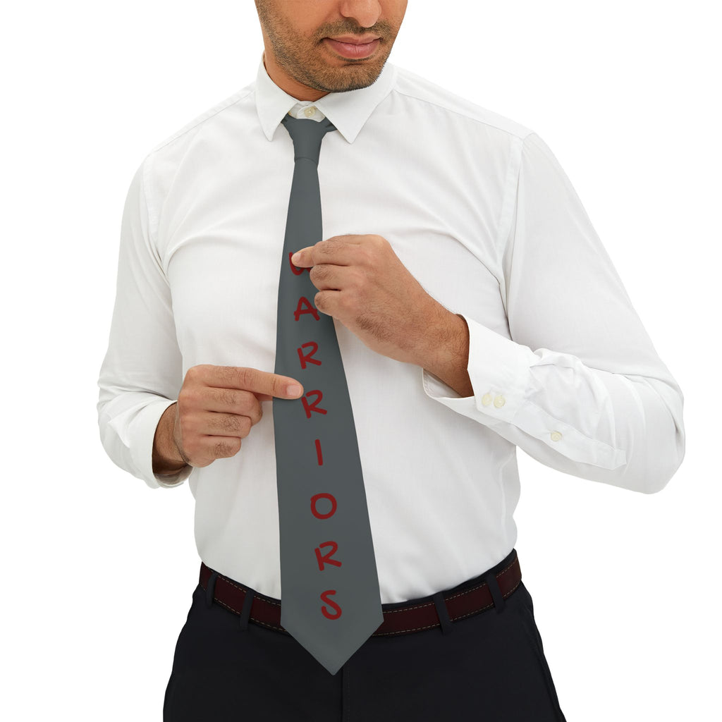 Warriors Grey Necktie — Vertical Red Text 'WARRIORS' Modern Athletic Tie