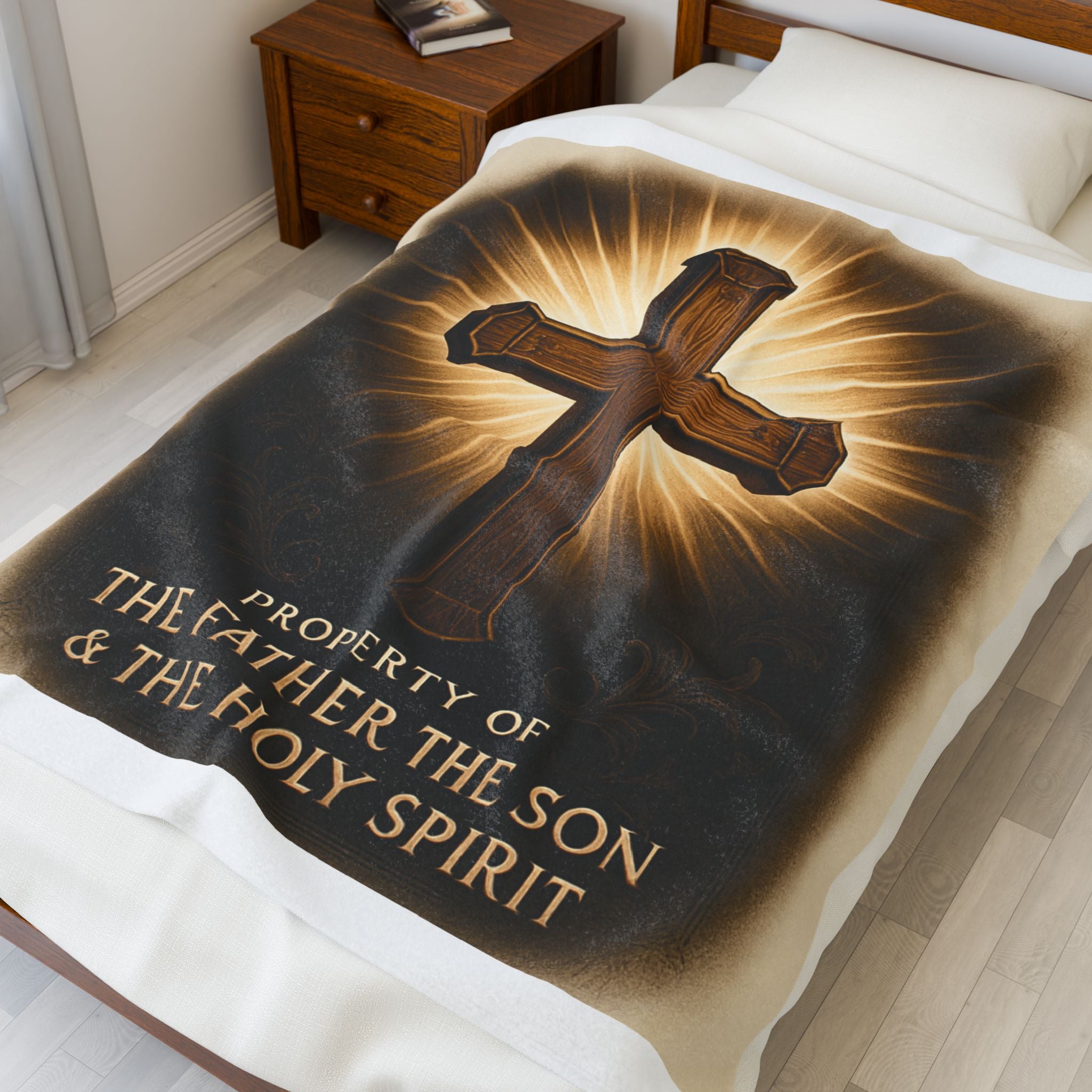 Christian Plush Blanket – ‘Property of The Father, The Son & The Holy Spirit’ Cozy Throw