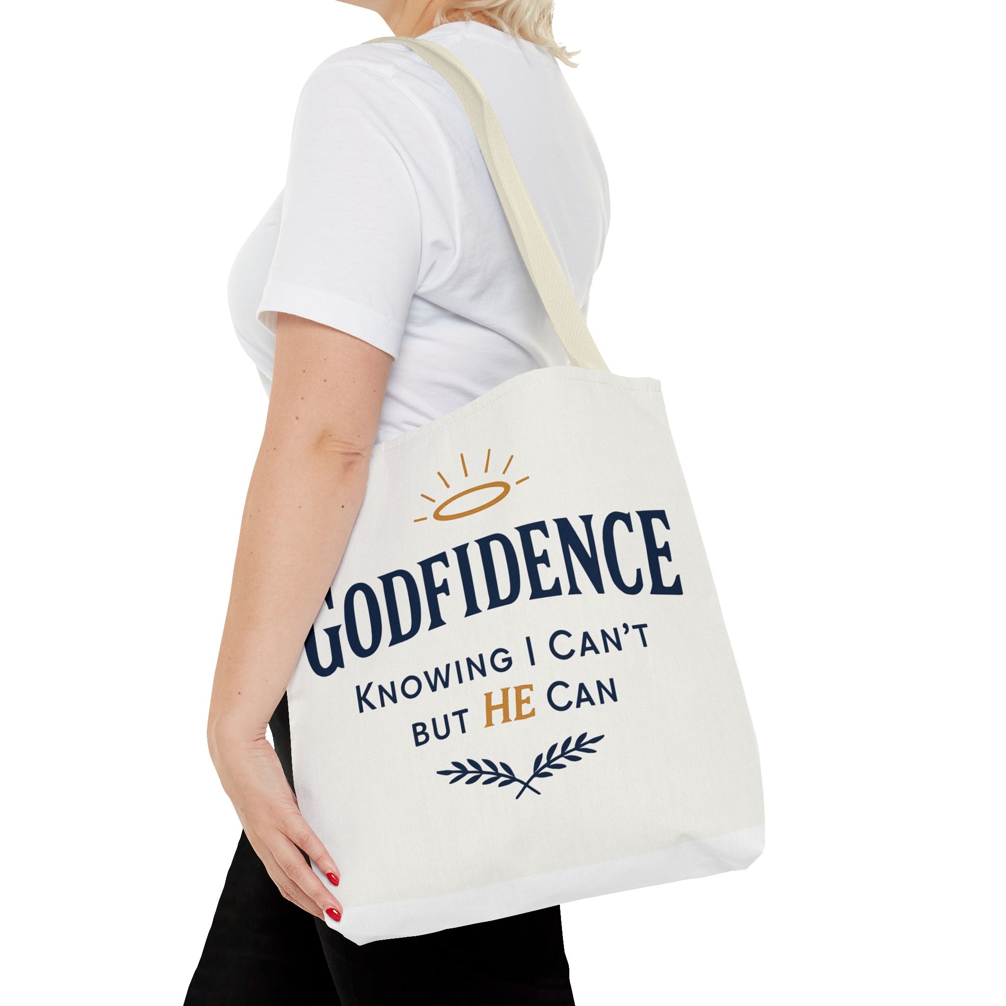 "Godfidence" Canvas Tote Bag – "Knowing I Can’t but HE Can" Christian Faith Tote
