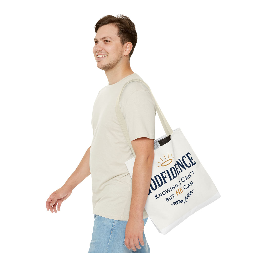 "Godfidence" Canvas Tote Bag – "Knowing I Can’t but HE Can" Christian Faith Tote