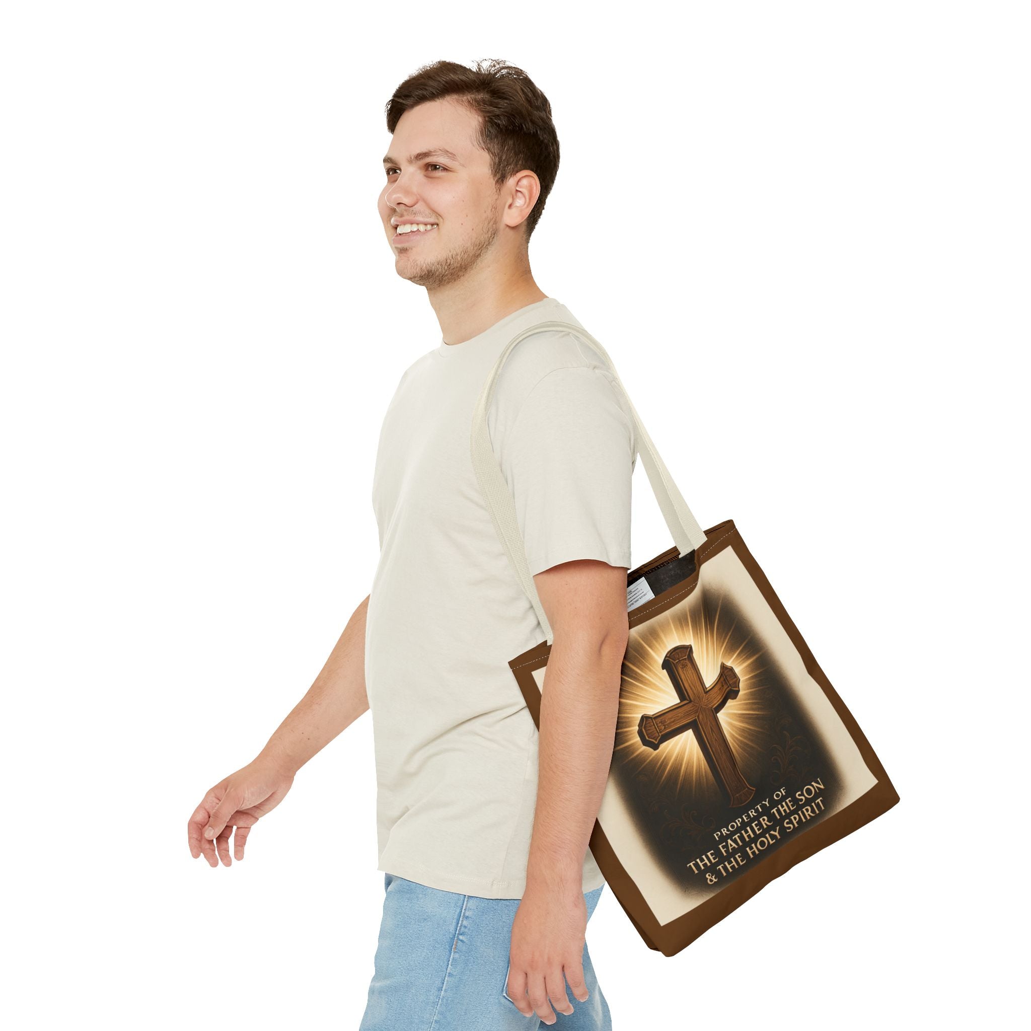 Christian Cross Tote Bag – "Property of The Father The Son & The Holy Spirit" Religious Carryall