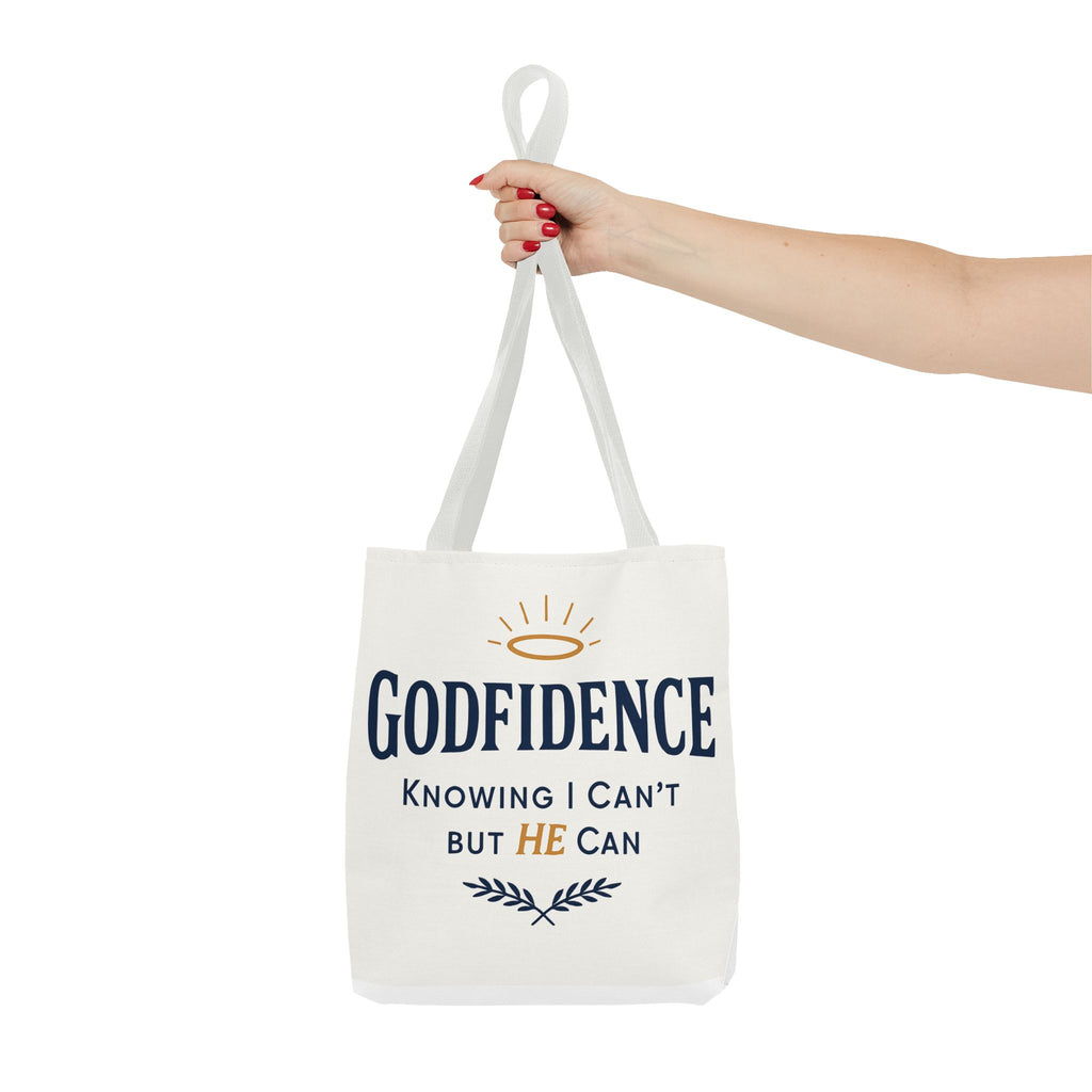 "Godfidence" Canvas Tote Bag – "Knowing I Can’t but HE Can" Christian Faith Tote