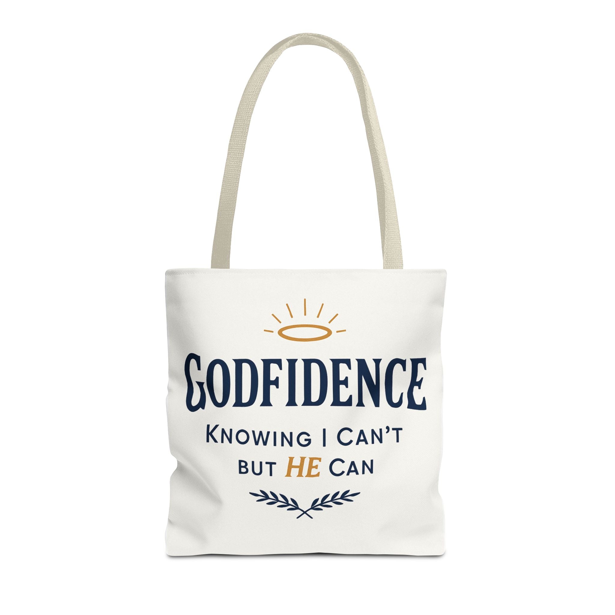 "Godfidence" Canvas Tote Bag – "Knowing I Can’t but HE Can" Christian Faith Tote