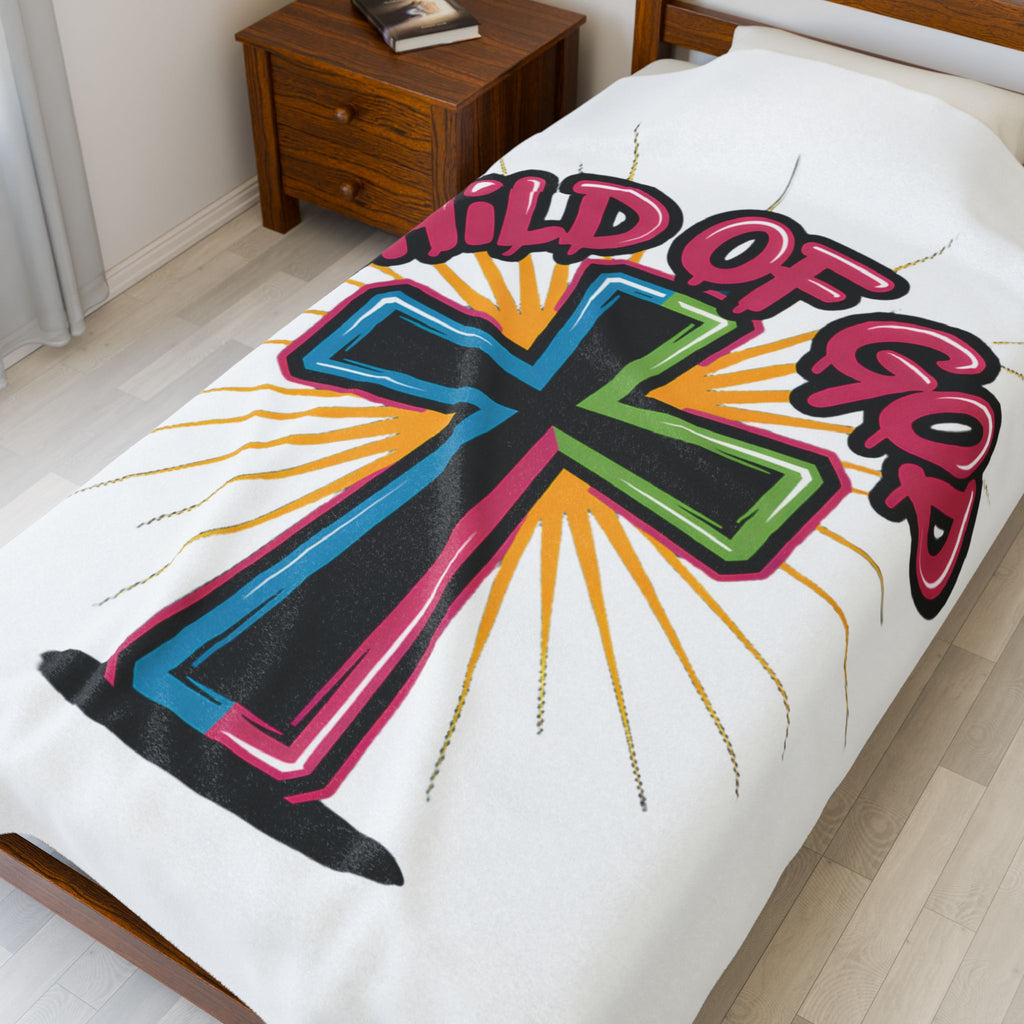 Child of God Cross Velveteen Plush Blanket-White