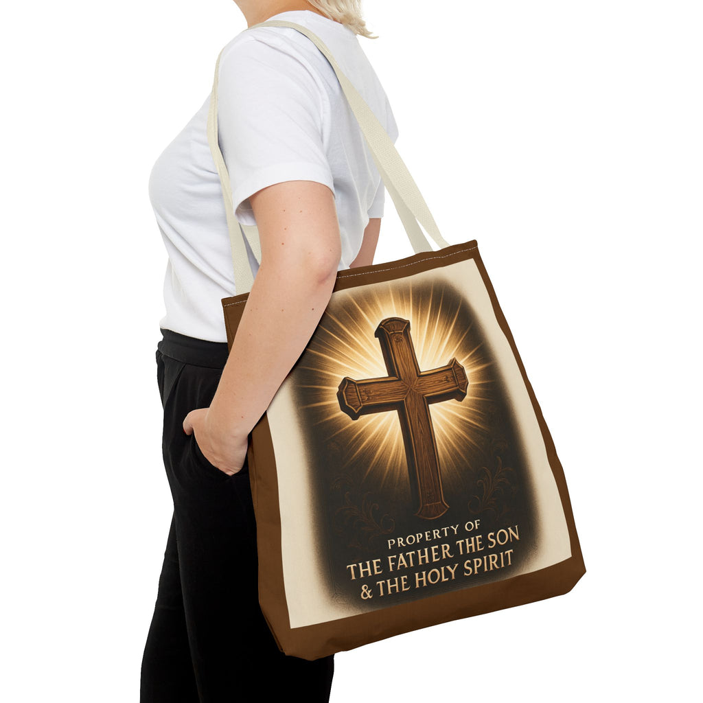 Christian Cross Tote Bag – "Property of The Father The Son & The Holy Spirit" Religious Carryall