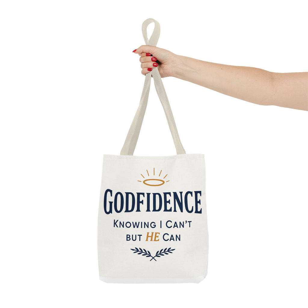 "Godfidence" Canvas Tote Bag – "Knowing I Can’t but HE Can" Christian Faith Tote