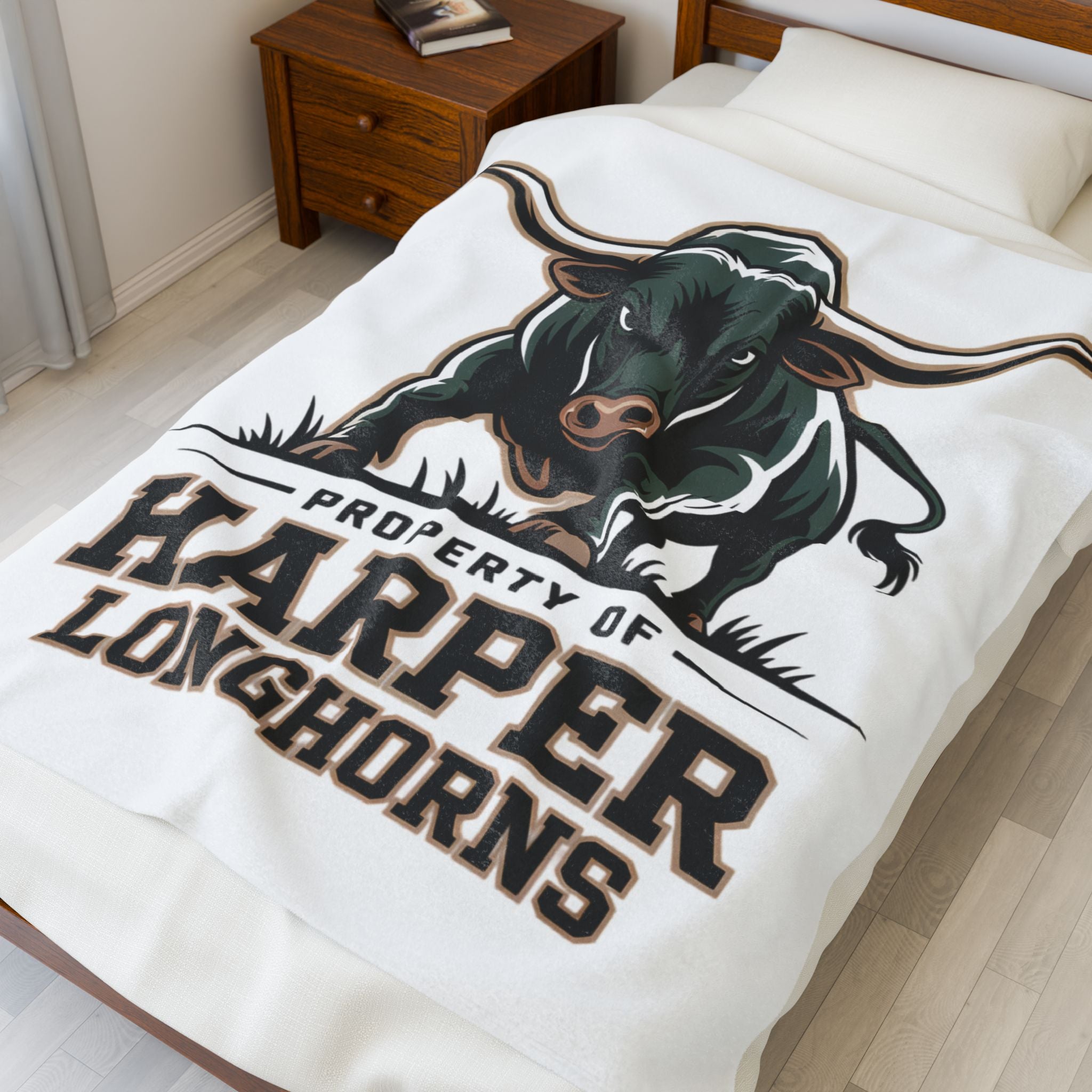 Longhorn Mascot Plush Blanket — "Property of Harper Longhorns" Velveteen Throw