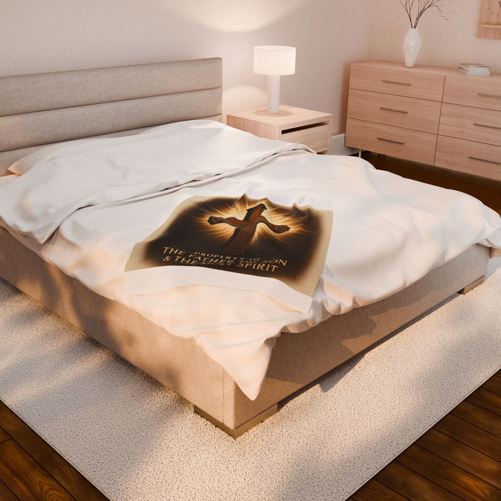 Christian Plush Blanket – ‘Property of The Father, The Son & The Holy Spirit’ Cozy Throw