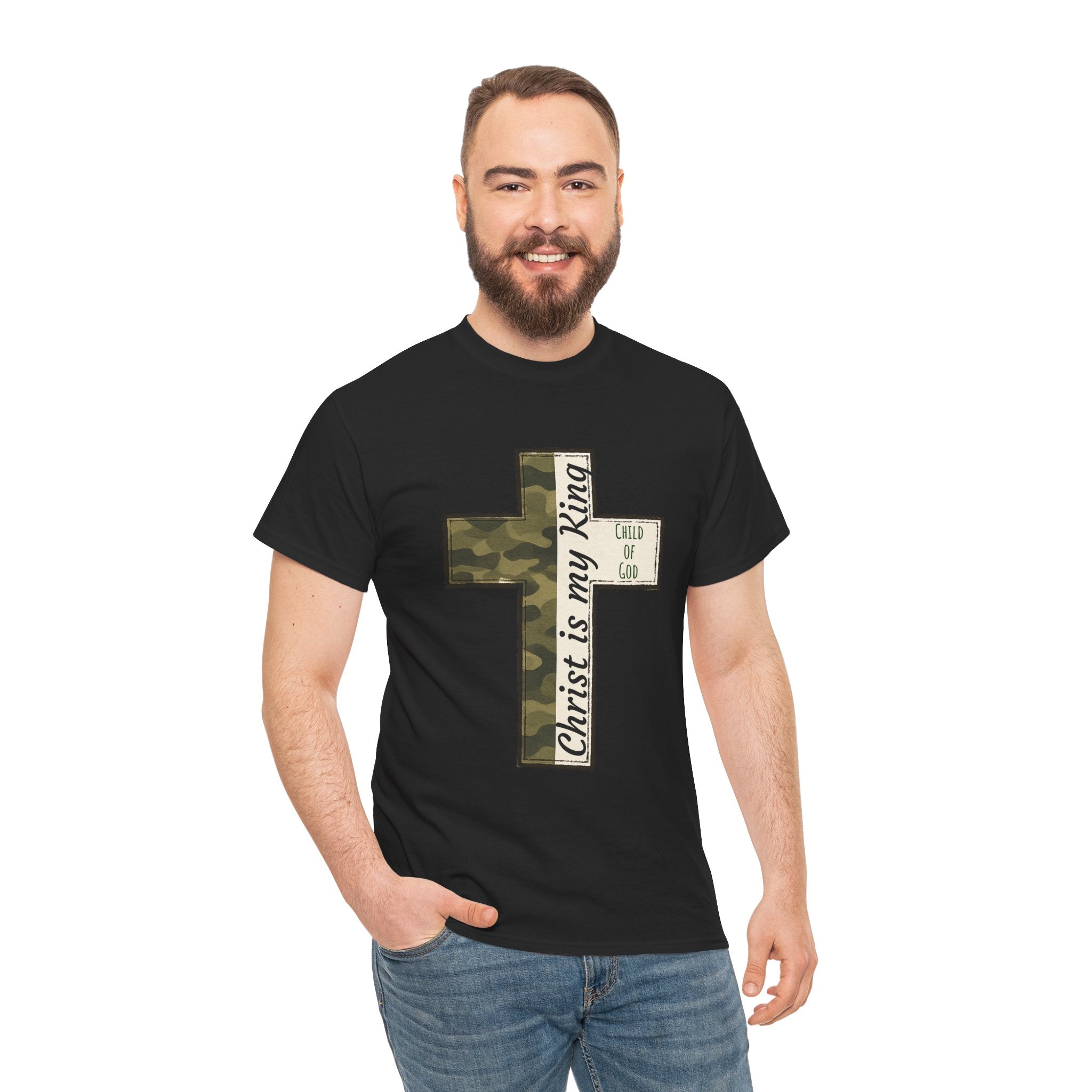 Christian Cross T‑Shirt — "Christ Is My King" Camo Faith Tee