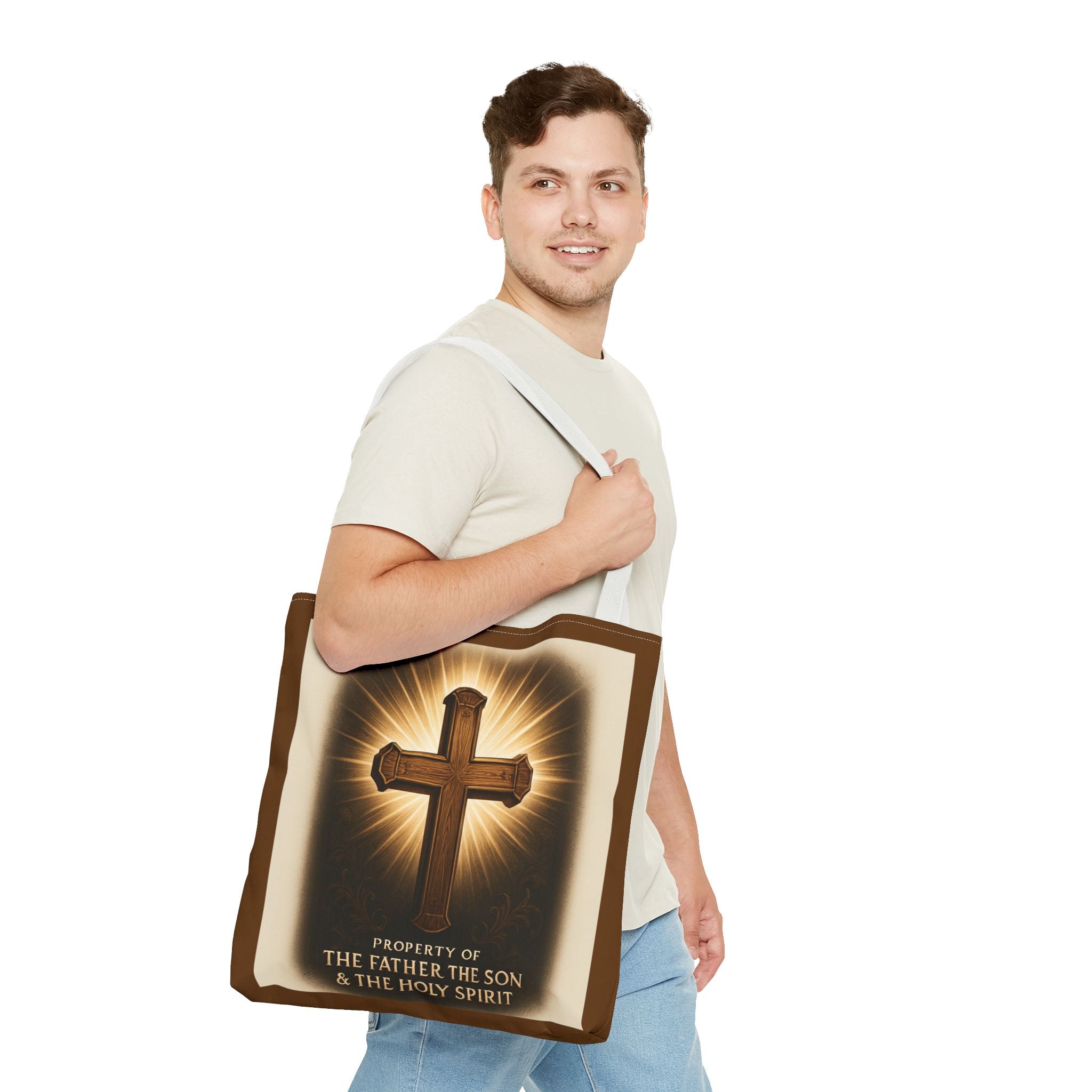 Christian Cross Tote Bag – "Property of The Father The Son & The Holy Spirit" Religious Carryall