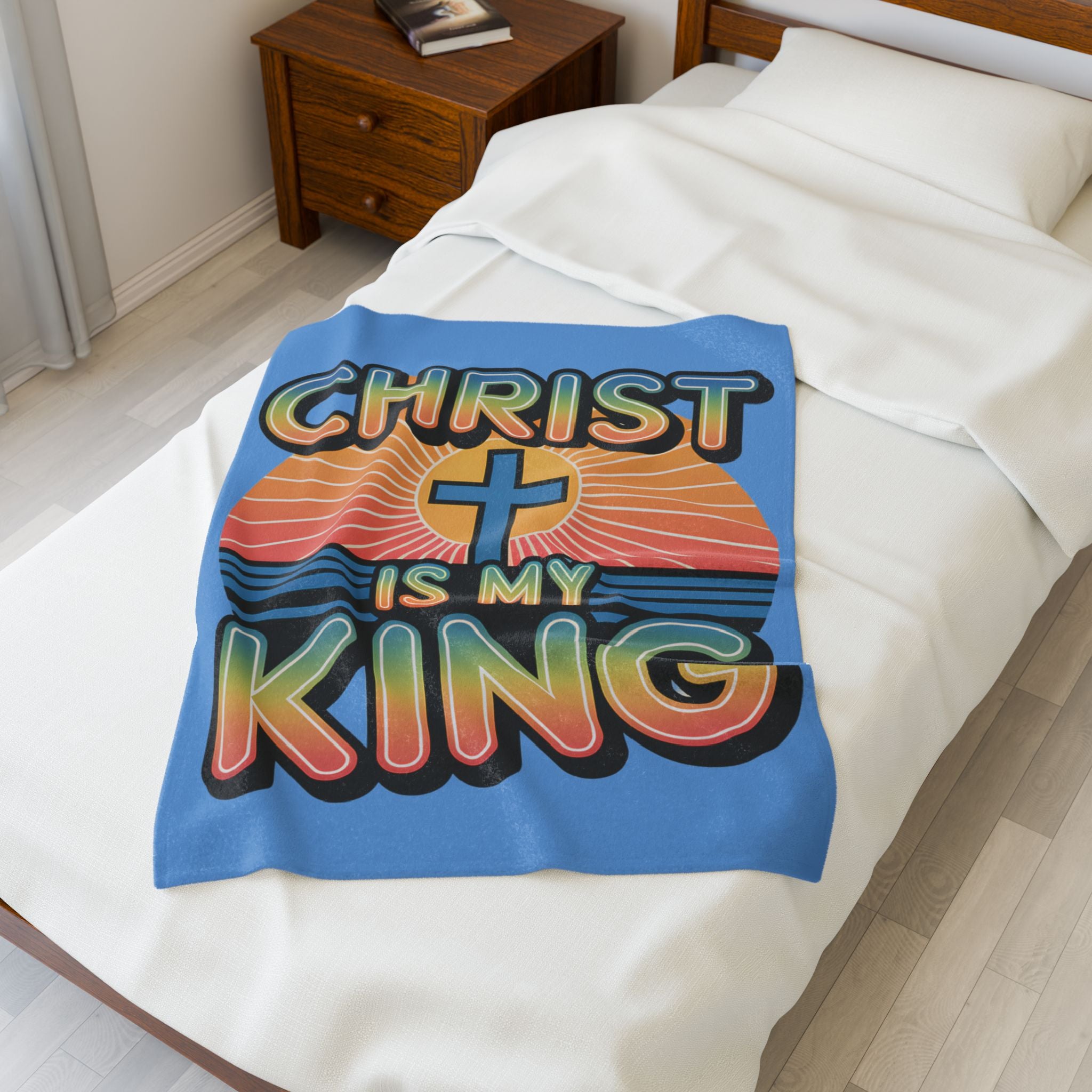 Velveteen Plush Blanket — "Christ Is My King" Christian Throw Blanket, Retro Sunrise Cross Design