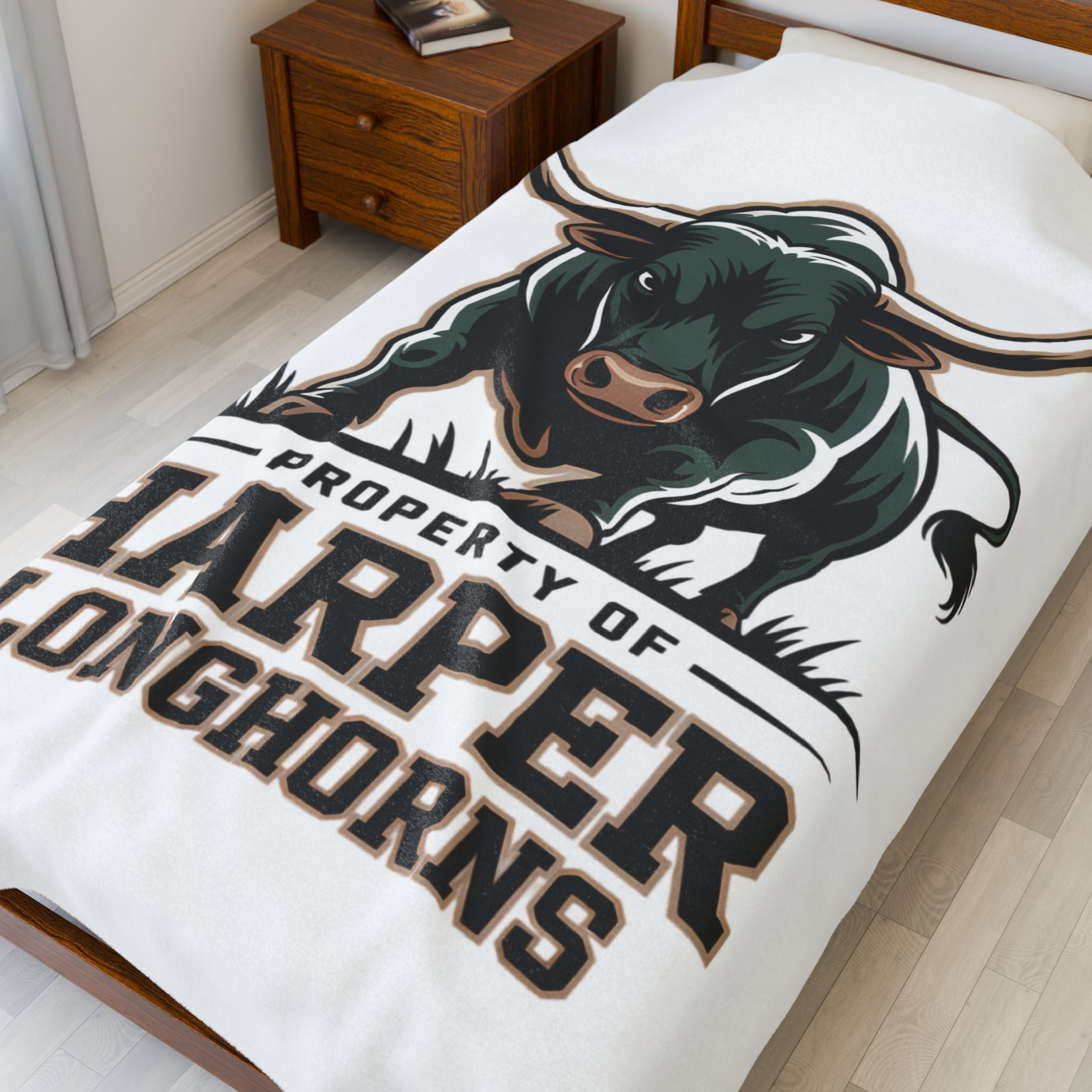 Longhorn Mascot Plush Blanket — "Property of Harper Longhorns" Velveteen Throw