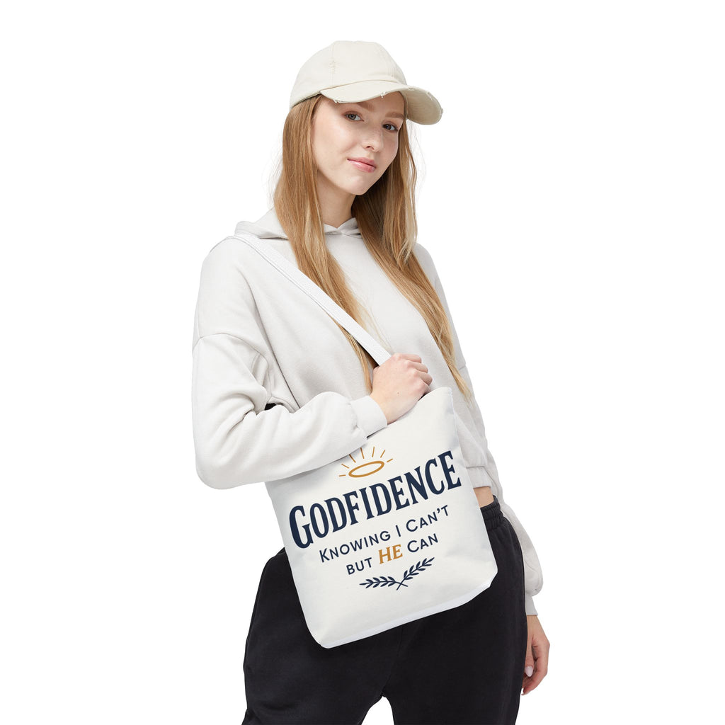 "Godfidence" Canvas Tote Bag – "Knowing I Can’t but HE Can" Christian Faith Tote