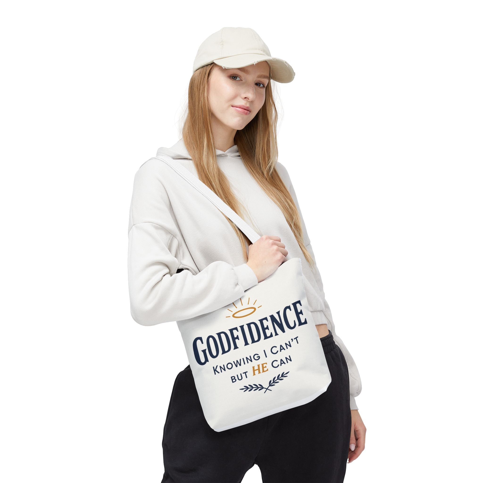 "Godfidence" Canvas Tote Bag – "Knowing I Can’t but HE Can" Christian Faith Tote