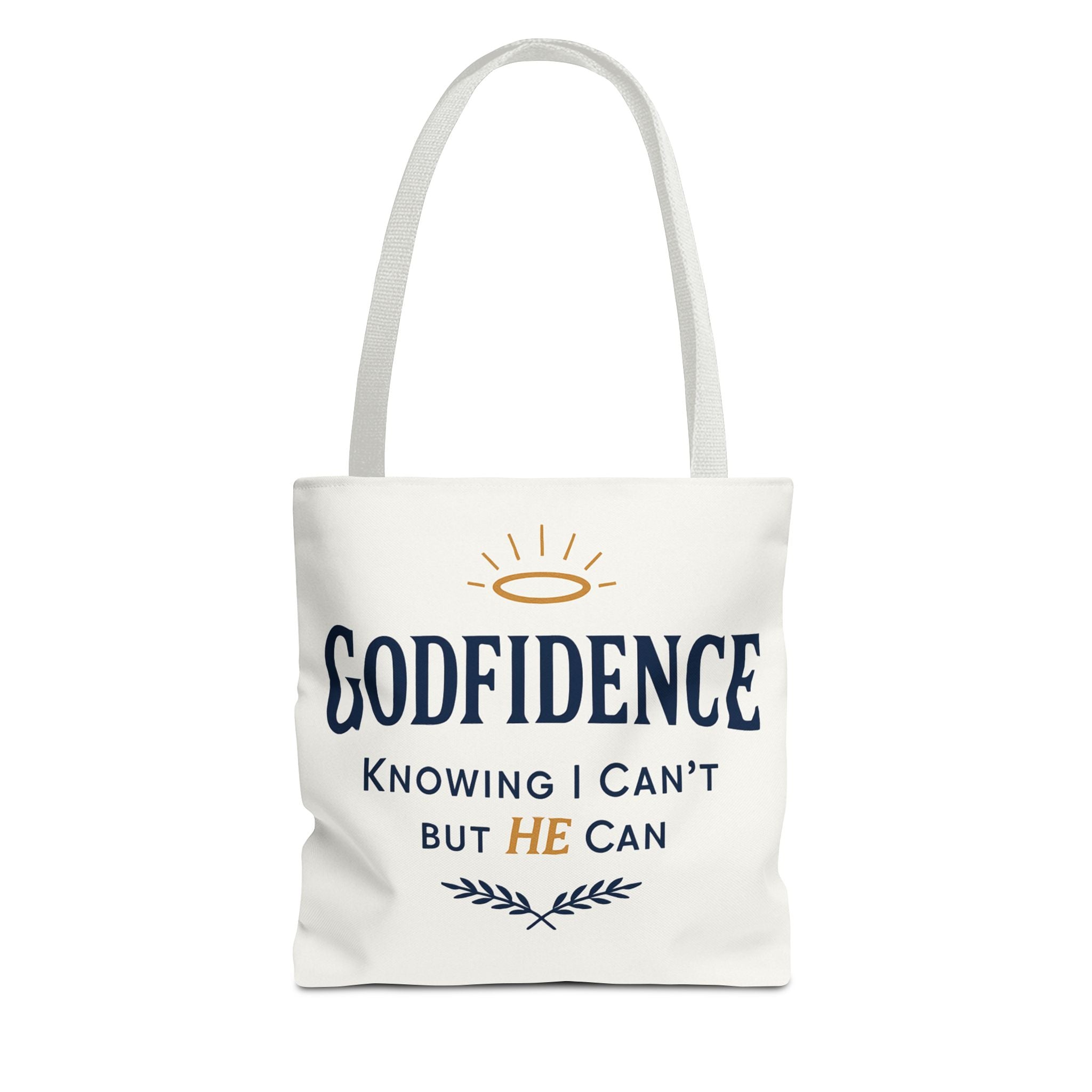 "Godfidence" Canvas Tote Bag – "Knowing I Can’t but HE Can" Christian Faith Tote