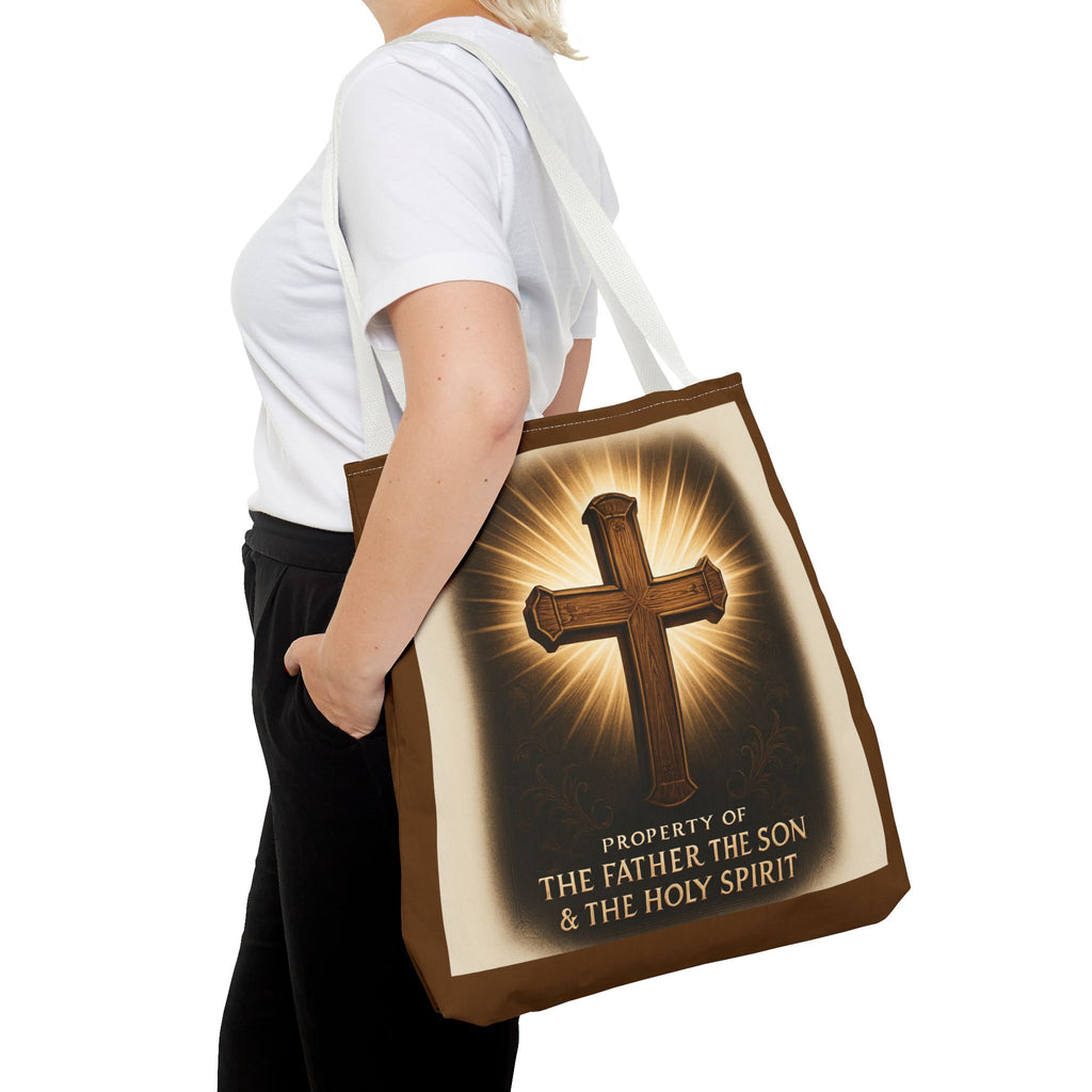 Christian Cross Tote Bag – "Property of The Father The Son & The Holy Spirit" Religious Carryall