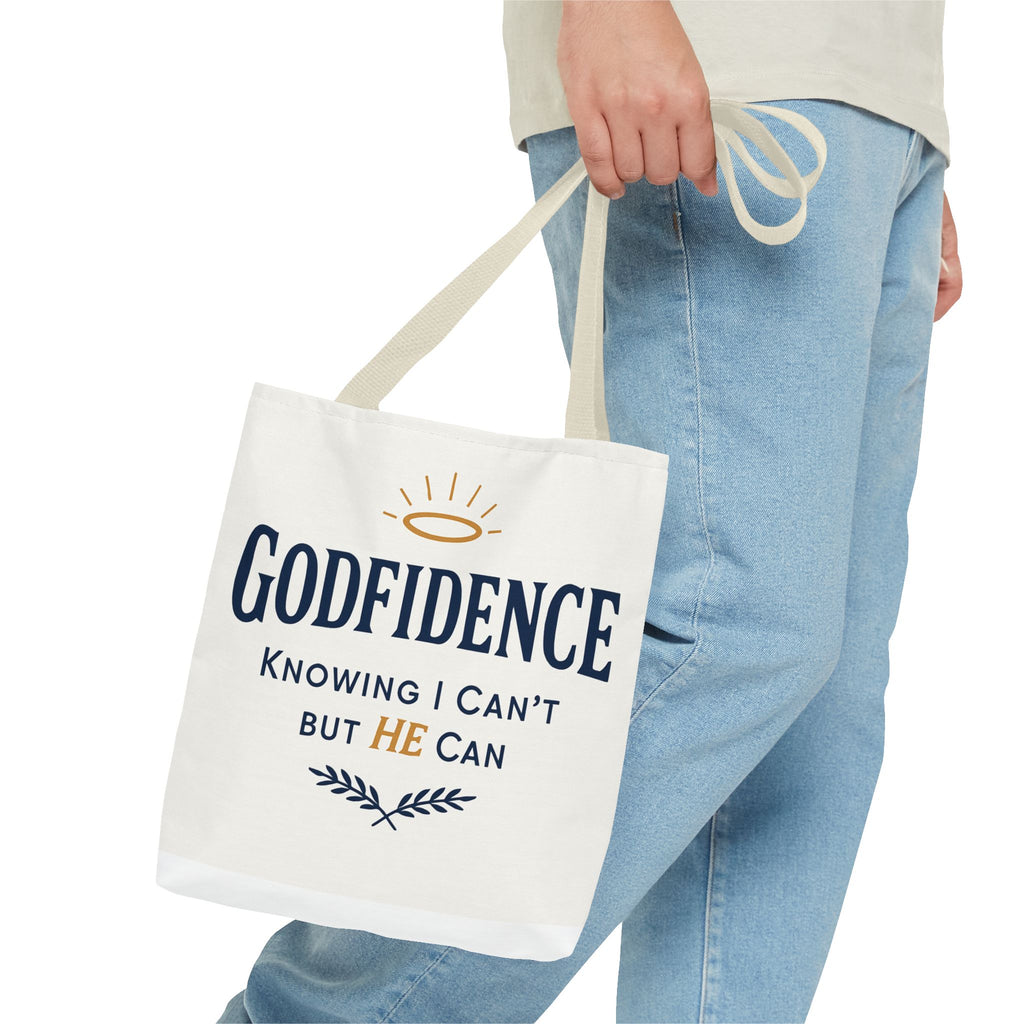 "Godfidence" Canvas Tote Bag – "Knowing I Can’t but HE Can" Christian Faith Tote
