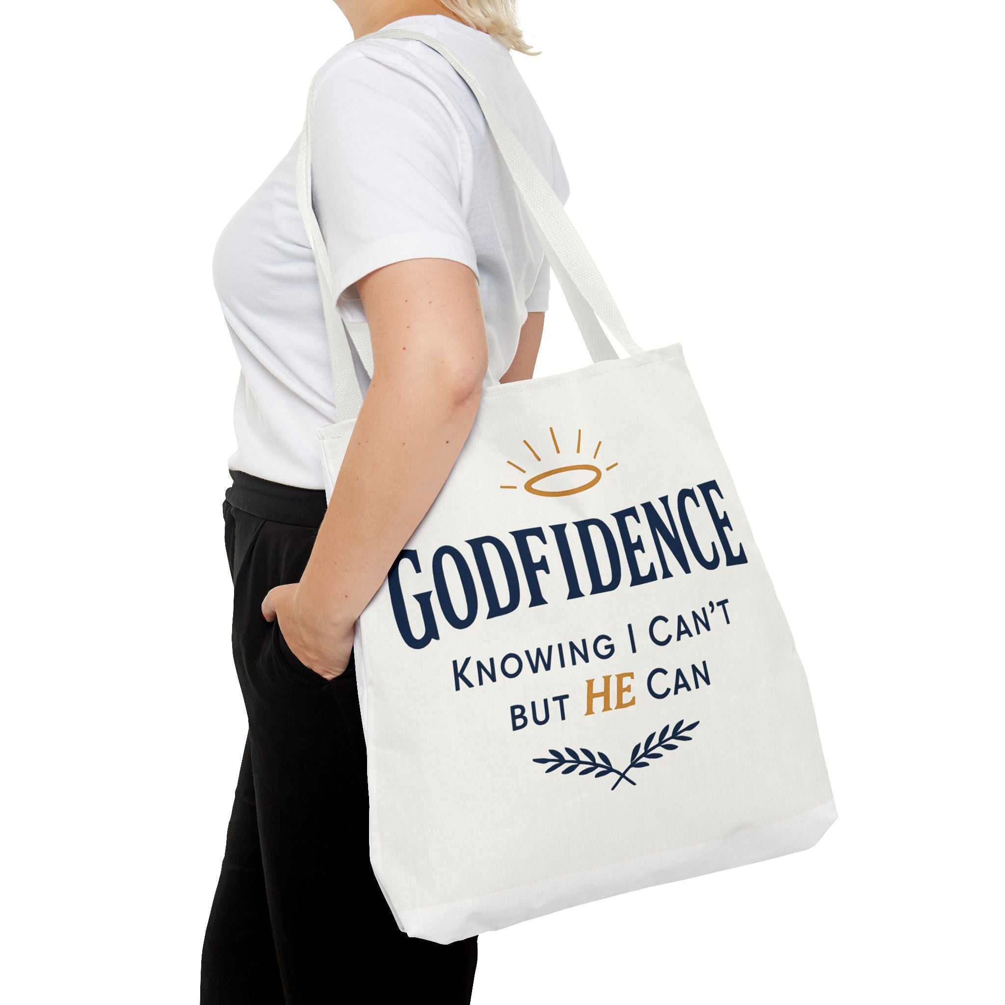 "Godfidence" Canvas Tote Bag – "Knowing I Can’t but HE Can" Christian Faith Tote