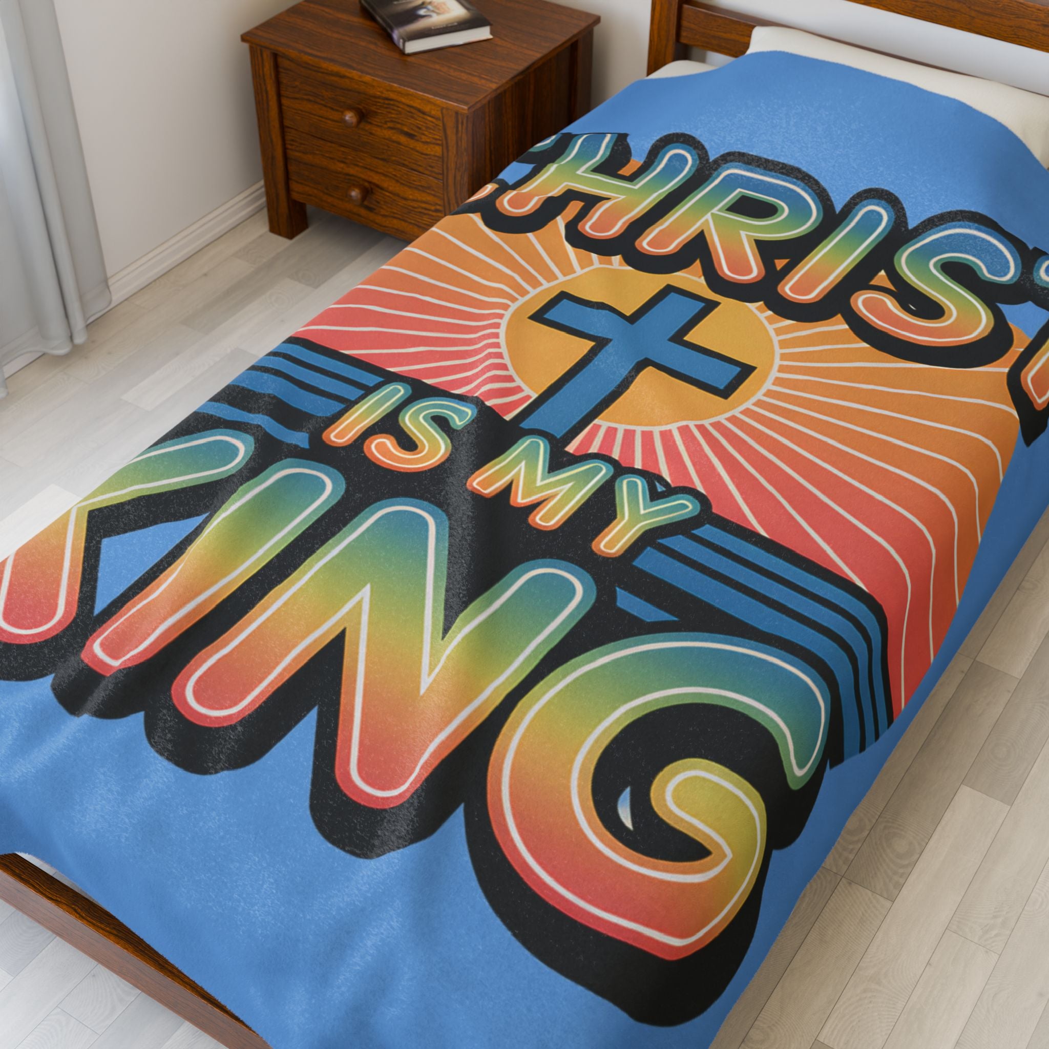 Velveteen Plush Blanket — "Christ Is My King" Christian Throw Blanket, Retro Sunrise Cross Design