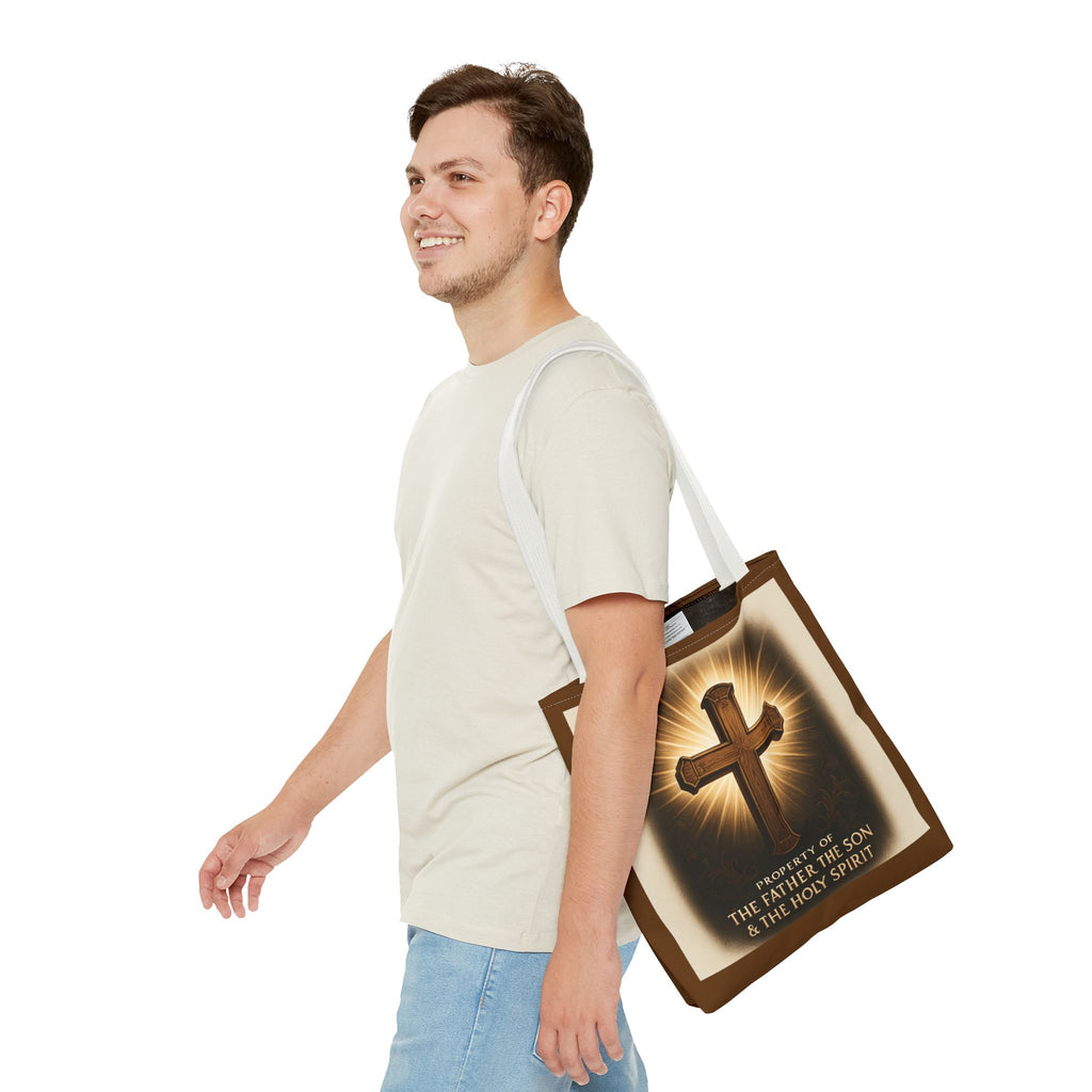 Christian Cross Tote Bag – "Property of The Father The Son & The Holy Spirit" Religious Carryall