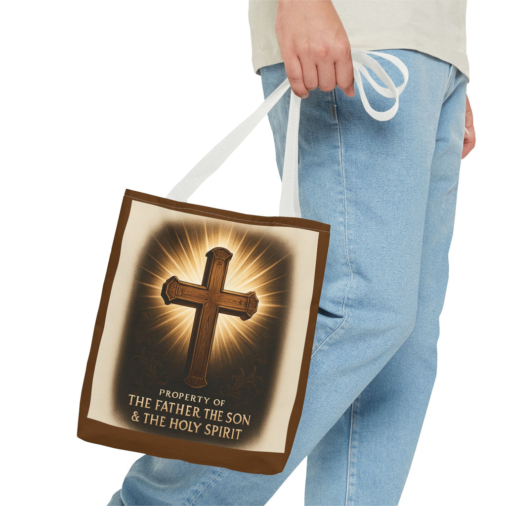 Christian Cross Tote Bag – "Property of The Father The Son & The Holy Spirit" Religious Carryall