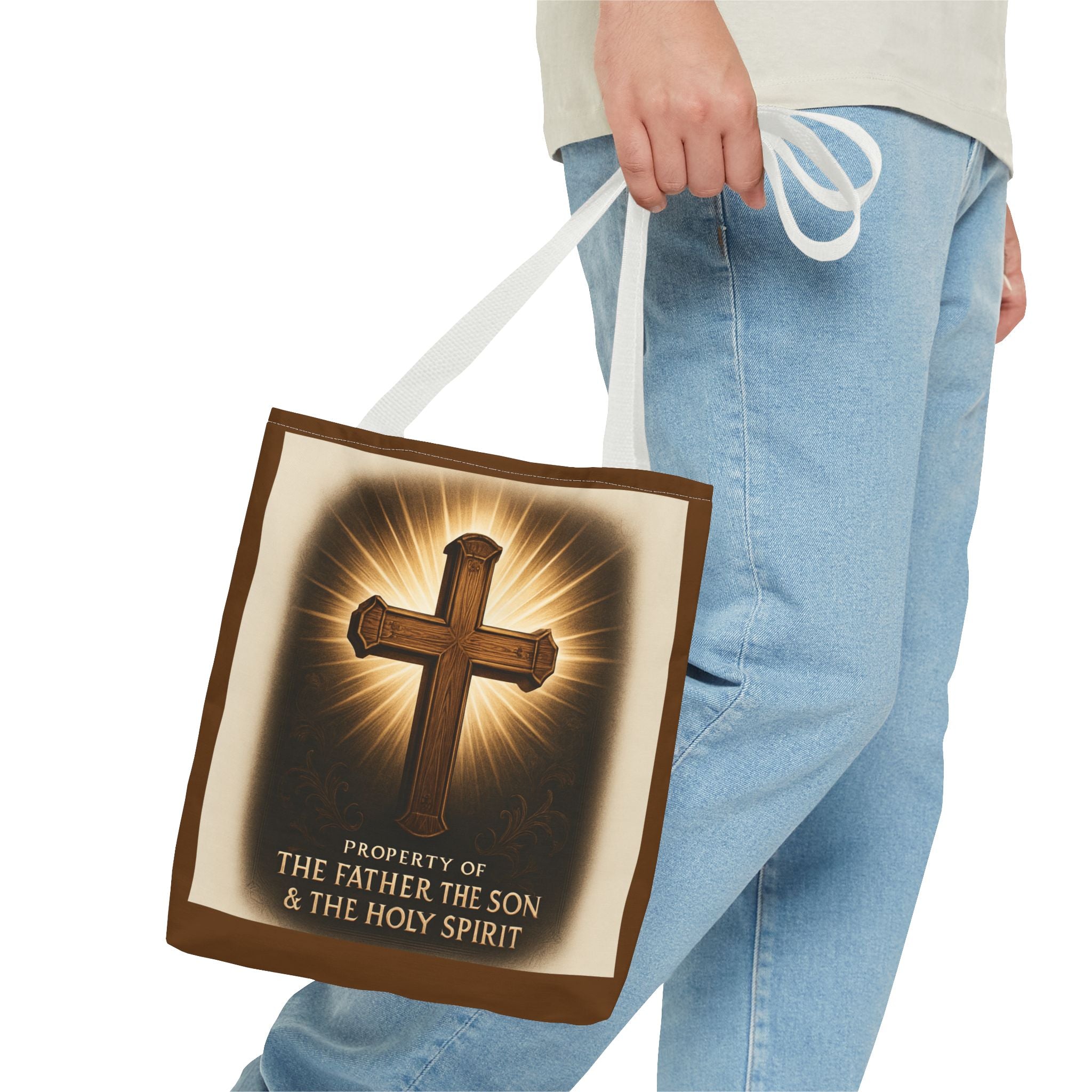 Christian Cross Tote Bag – "Property of The Father The Son & The Holy Spirit" Religious Carryall