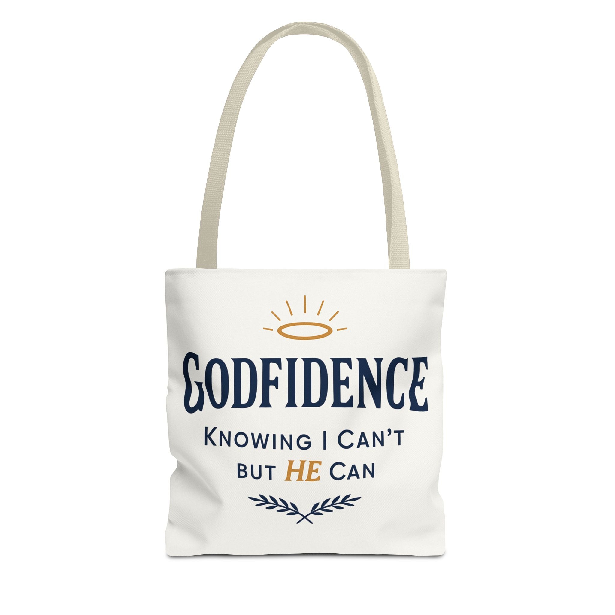 "Godfidence" Canvas Tote Bag – "Knowing I Can’t but HE Can" Christian Faith Tote