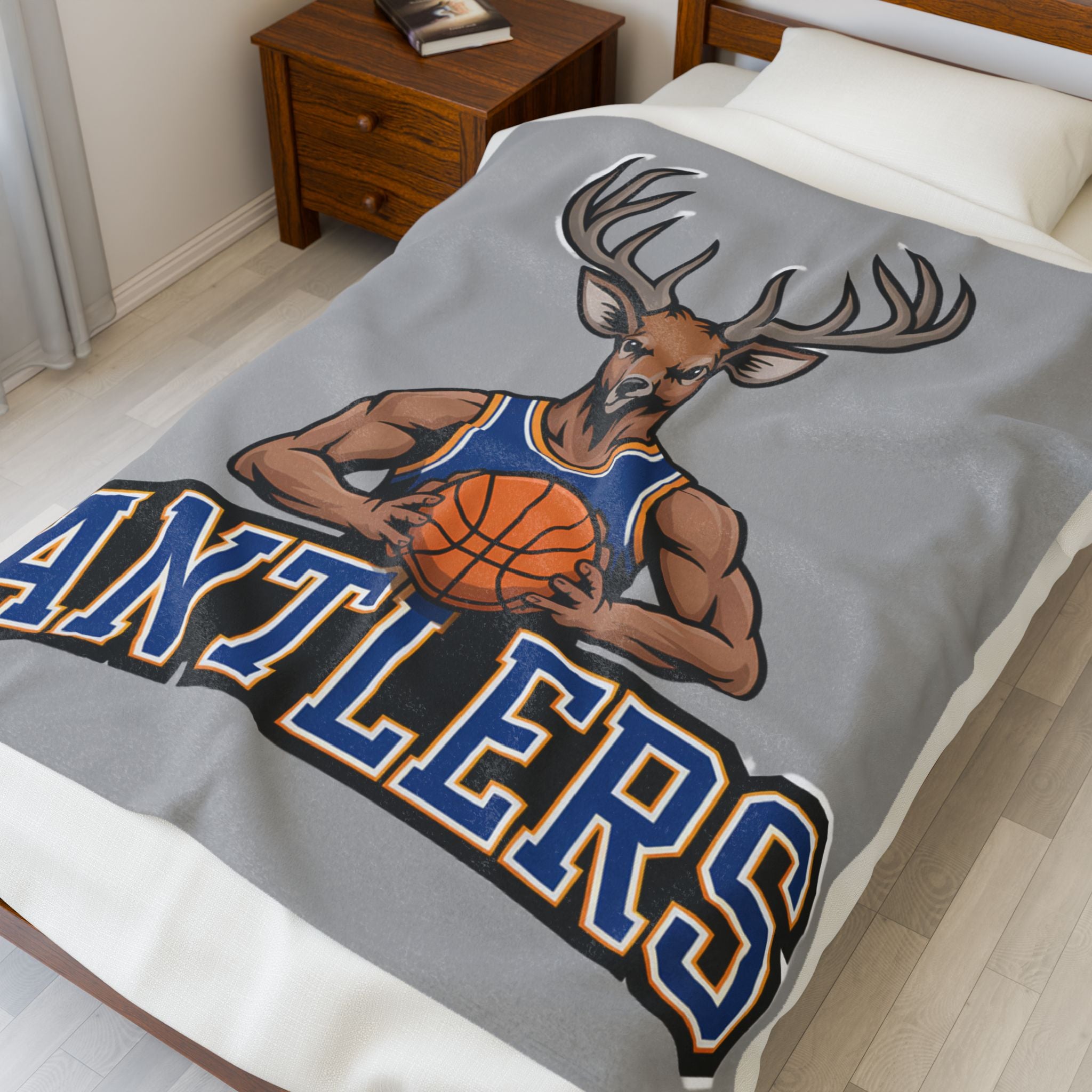 Antlers Basketball Velveteen Plush Blanket — Light Gray