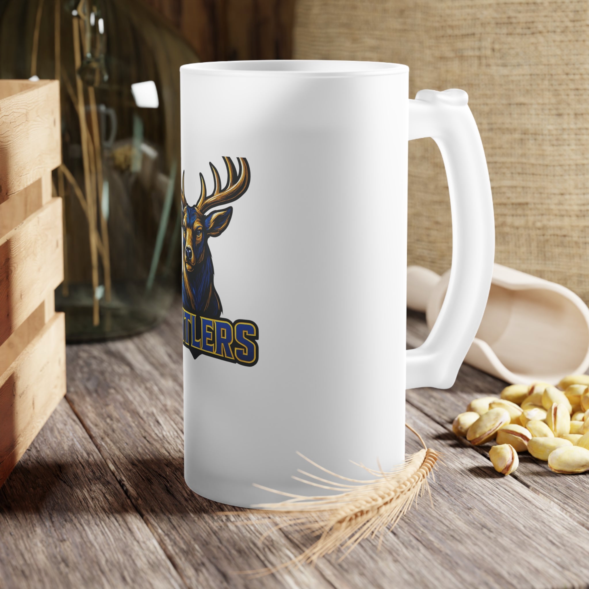 Antlers Frosted Glass Beer Mug 16oz— Mascot Team Logo Pint