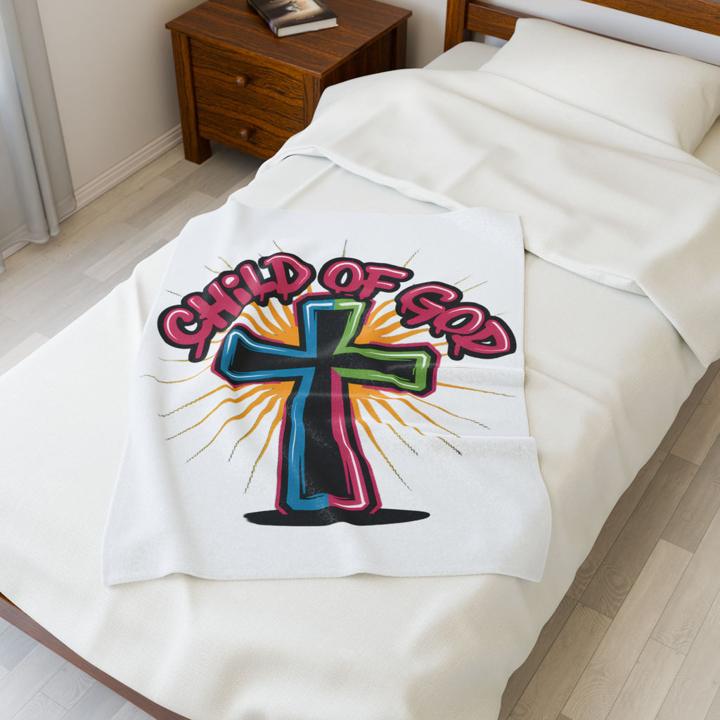 Child of God Cross Velveteen Plush Blanket-White