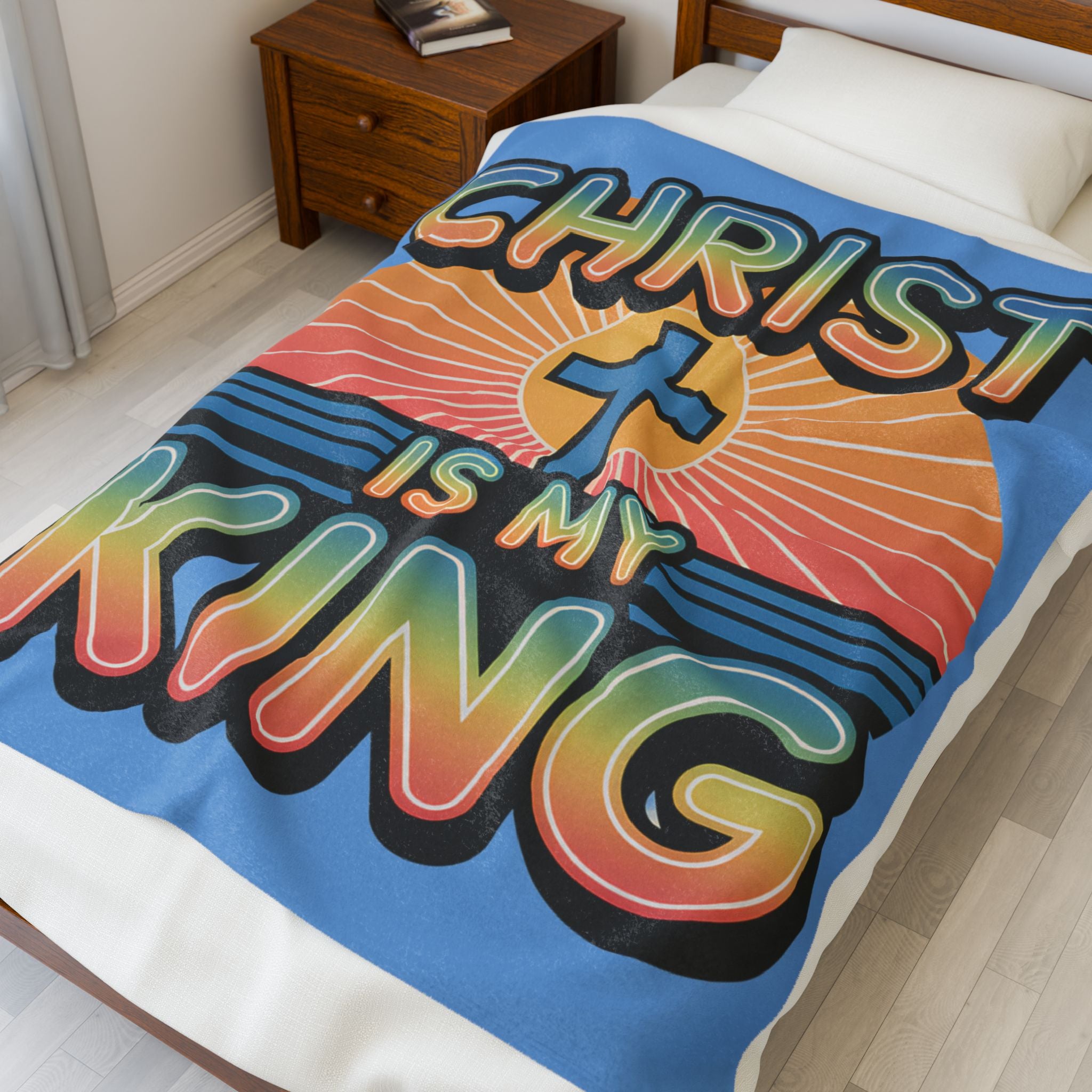 Velveteen Plush Blanket — "Christ Is My King" Christian Throw Blanket, Retro Sunrise Cross Design