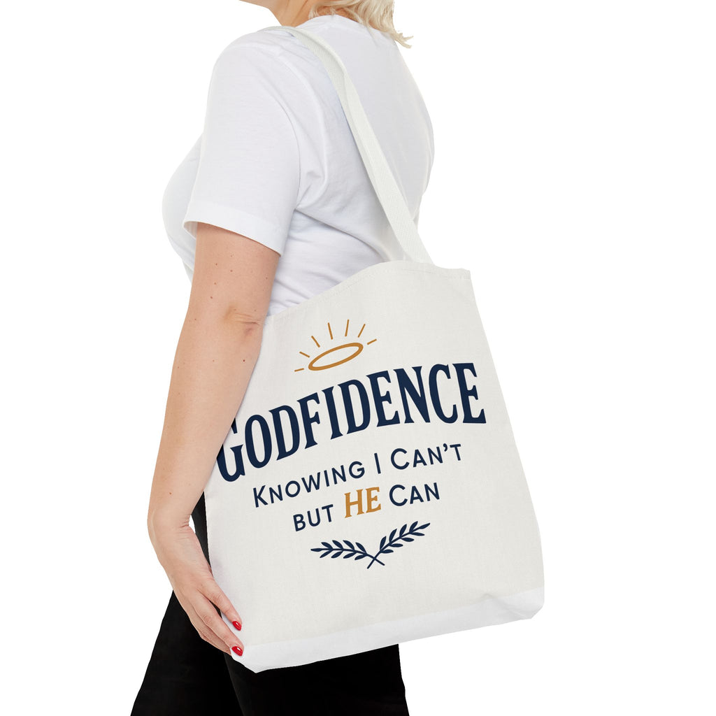 "Godfidence" Canvas Tote Bag – "Knowing I Can’t but HE Can" Christian Faith Tote