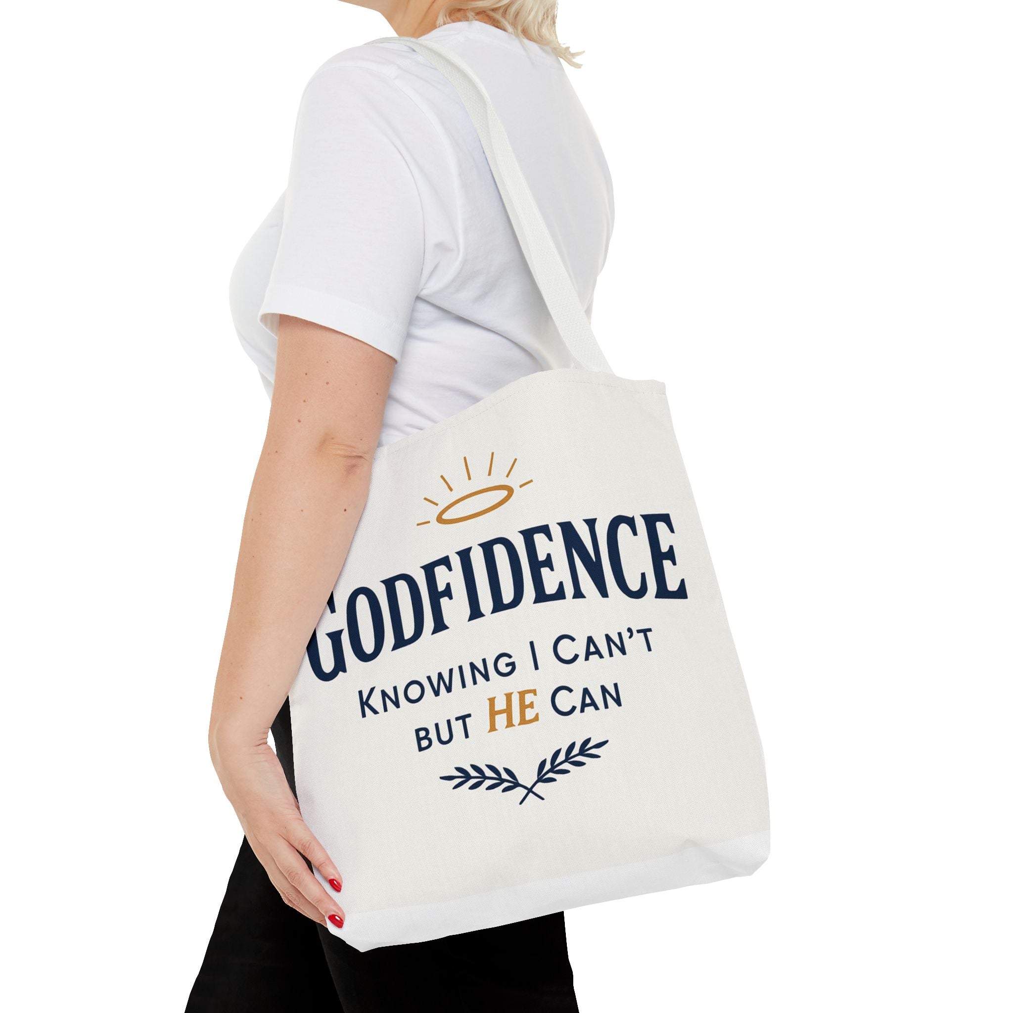 "Godfidence" Canvas Tote Bag – "Knowing I Can’t but HE Can" Christian Faith Tote